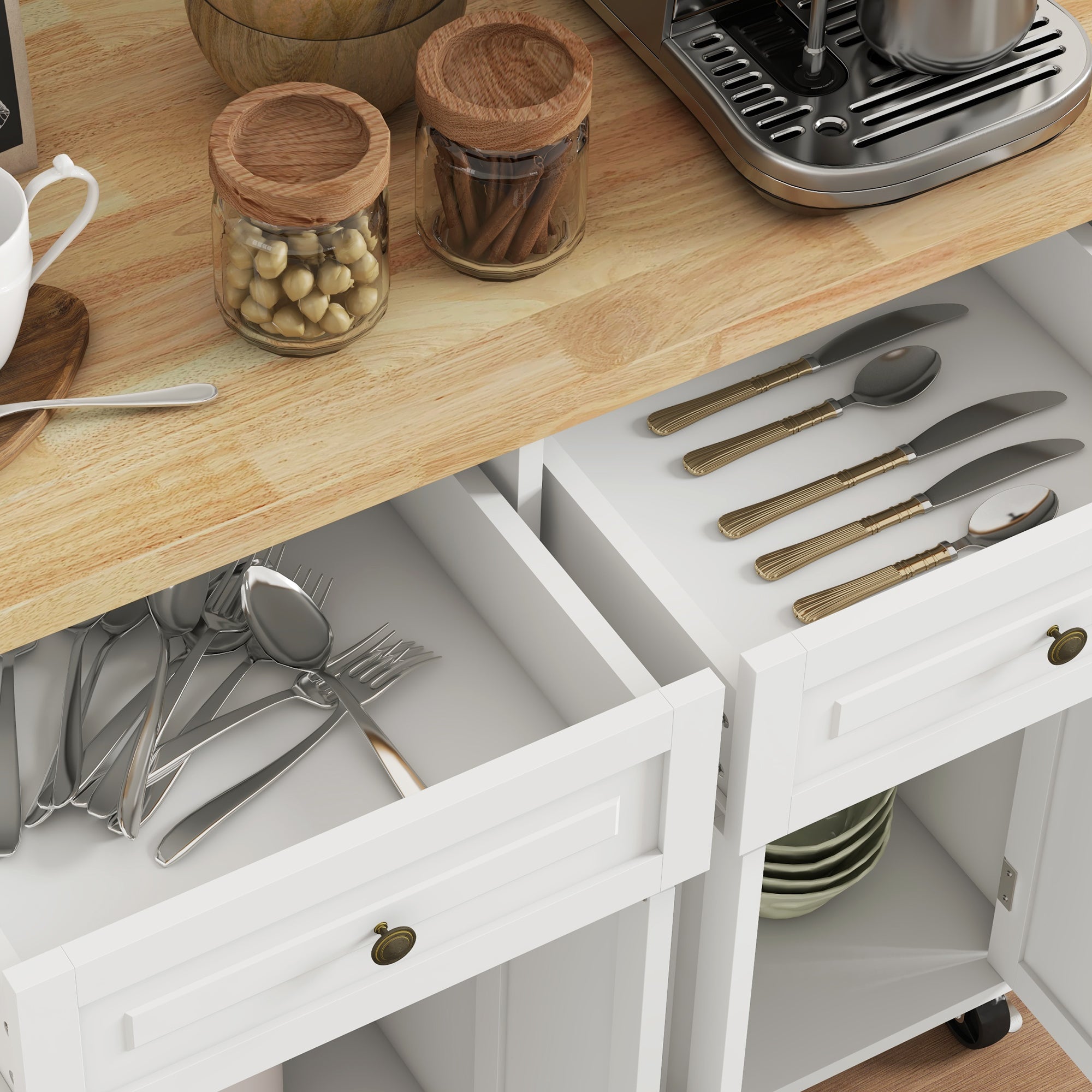 HOMCOM Cream White Rolling Kitchen Island Cart with Rubberwood Top