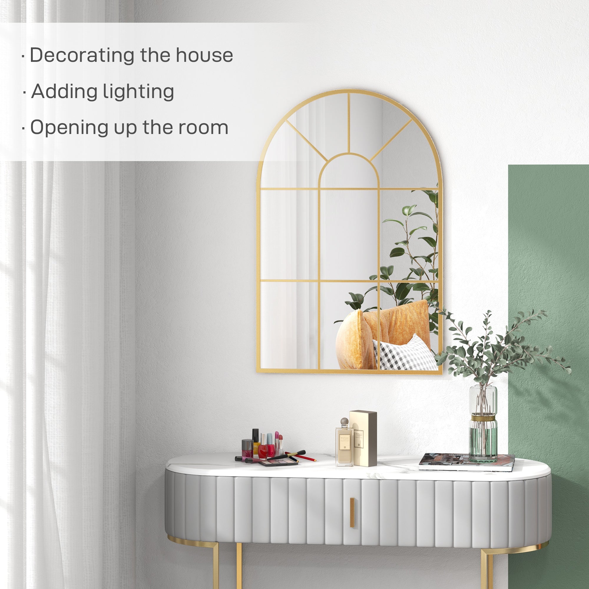 HOMCOM Modern Arched Window Wall Mirror, 91 x 60 cm, Gold Tone