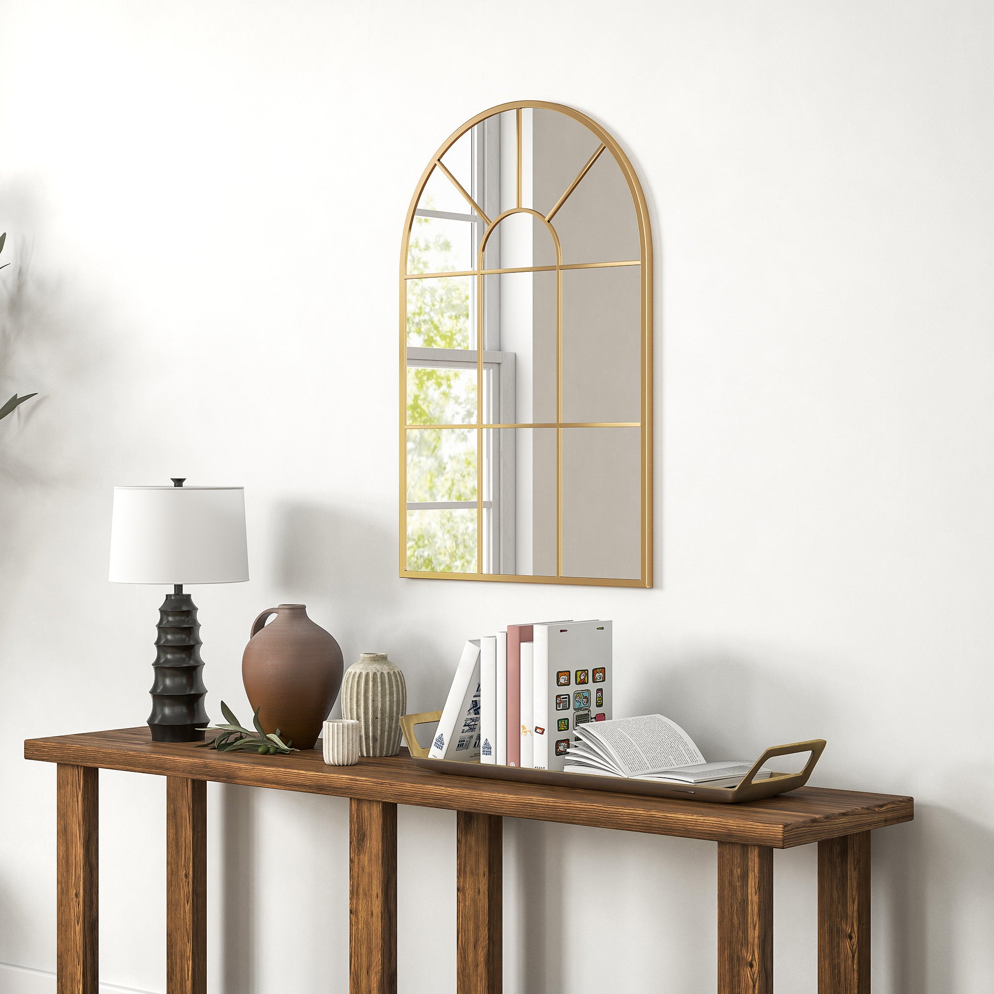 HOMCOM Modern Arched Window Wall Mirror, 91 x 60 cm, Gold Tone
