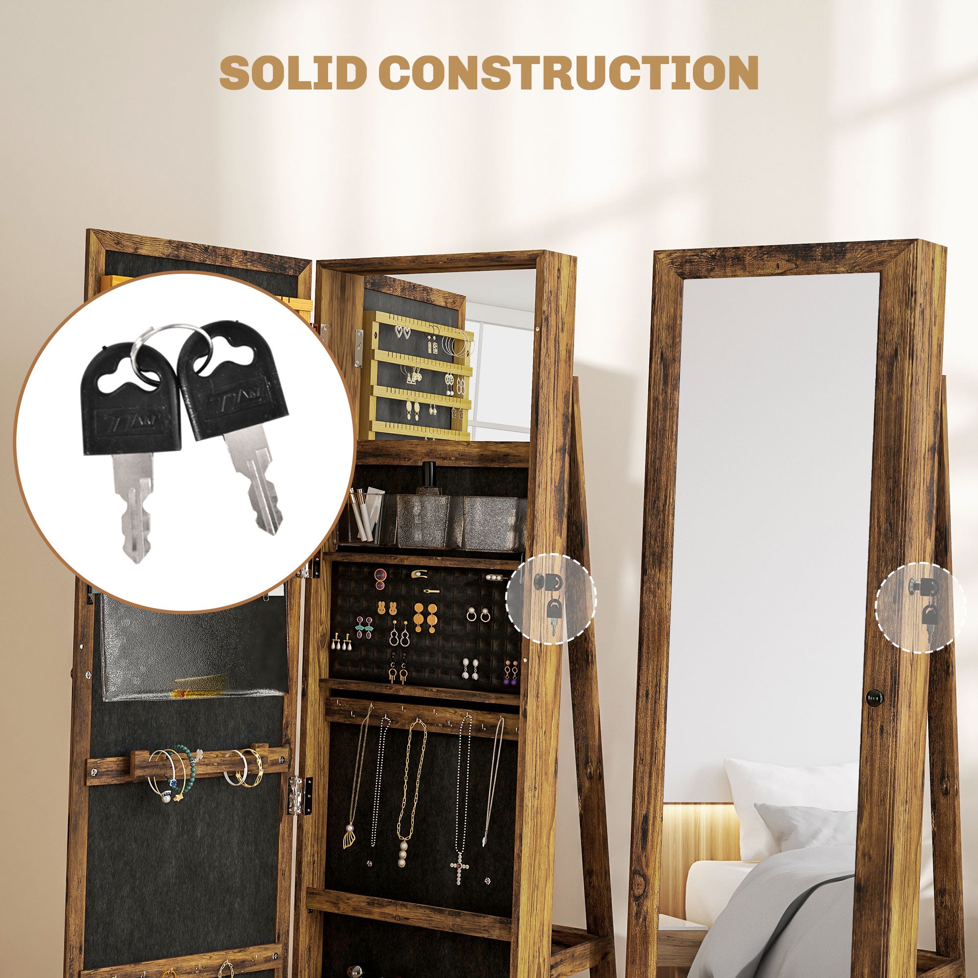 HOMCOM Swivel Full Length Mirror Jewelry Cabinet with Lock, Brown