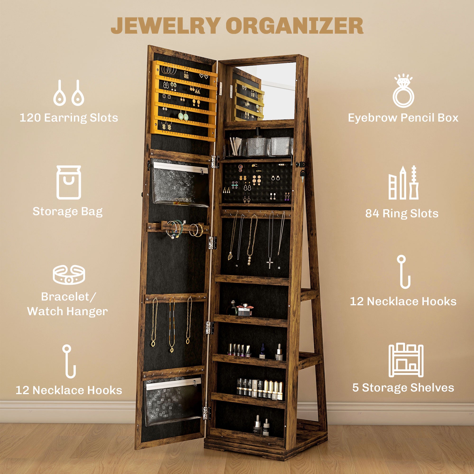 HOMCOM Swivel Full Length Mirror Jewelry Cabinet with Lock, Brown