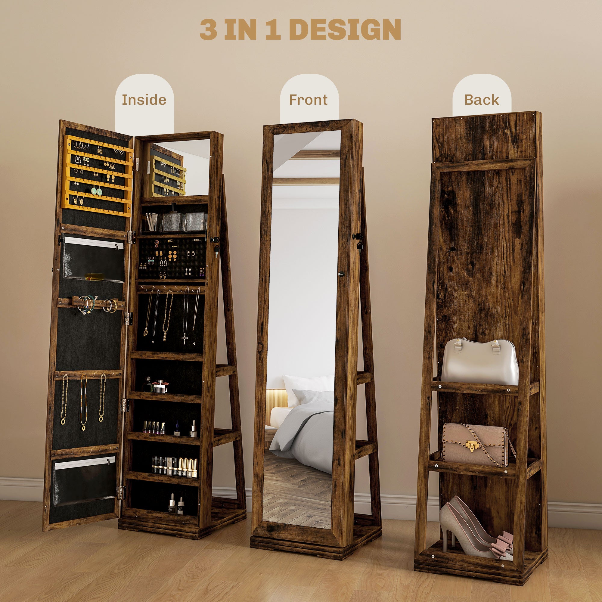 HOMCOM Swivel Full Length Mirror Jewelry Cabinet with Lock, Brown