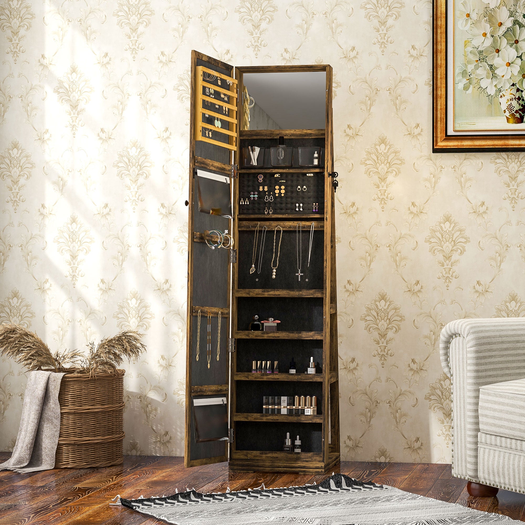 HOMCOM Swivel Full Length Mirror Jewelry Cabinet with Lock, Brown