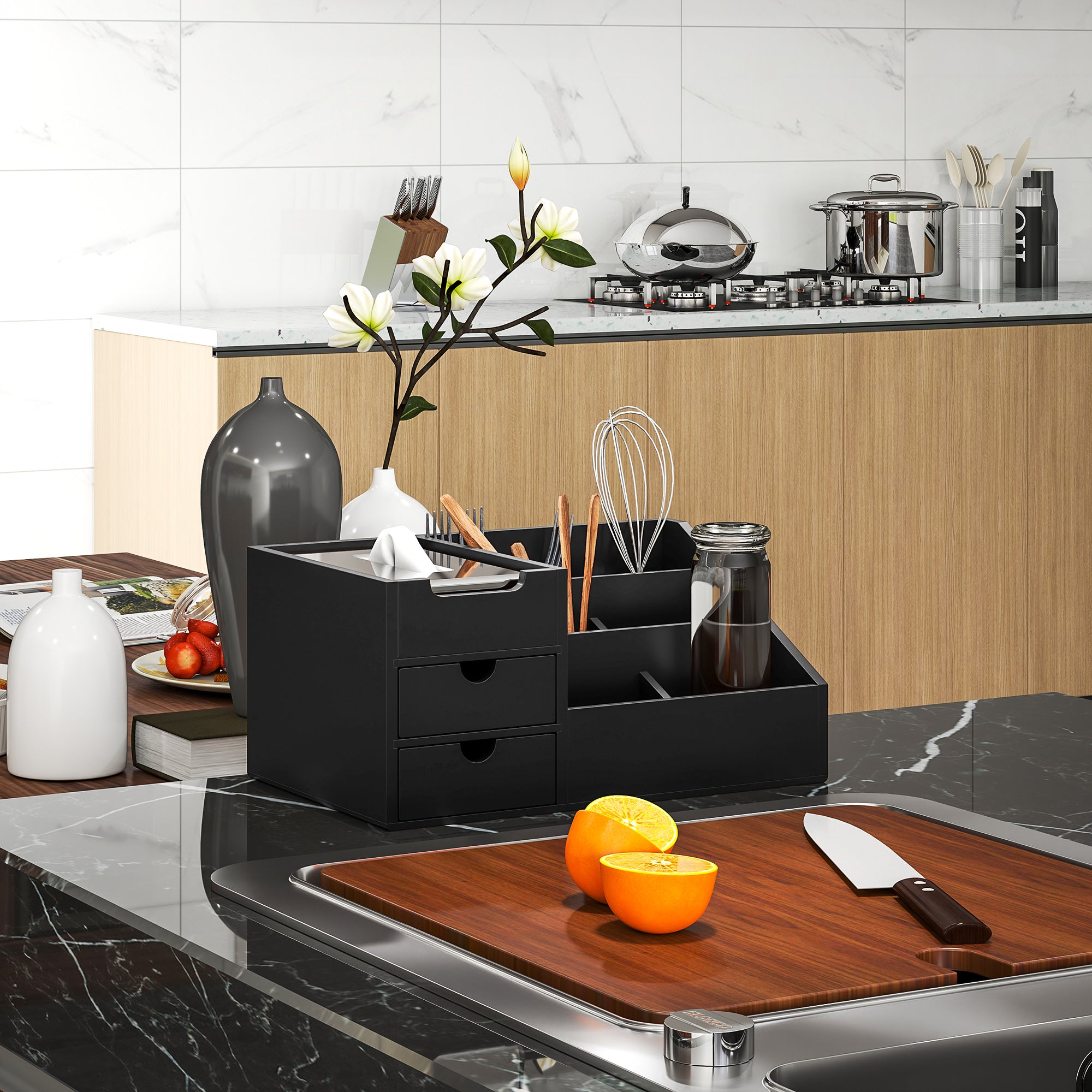 HOMCOM Black Bamboo Desktop Organiser with 2 Drawers and 7 Compartments