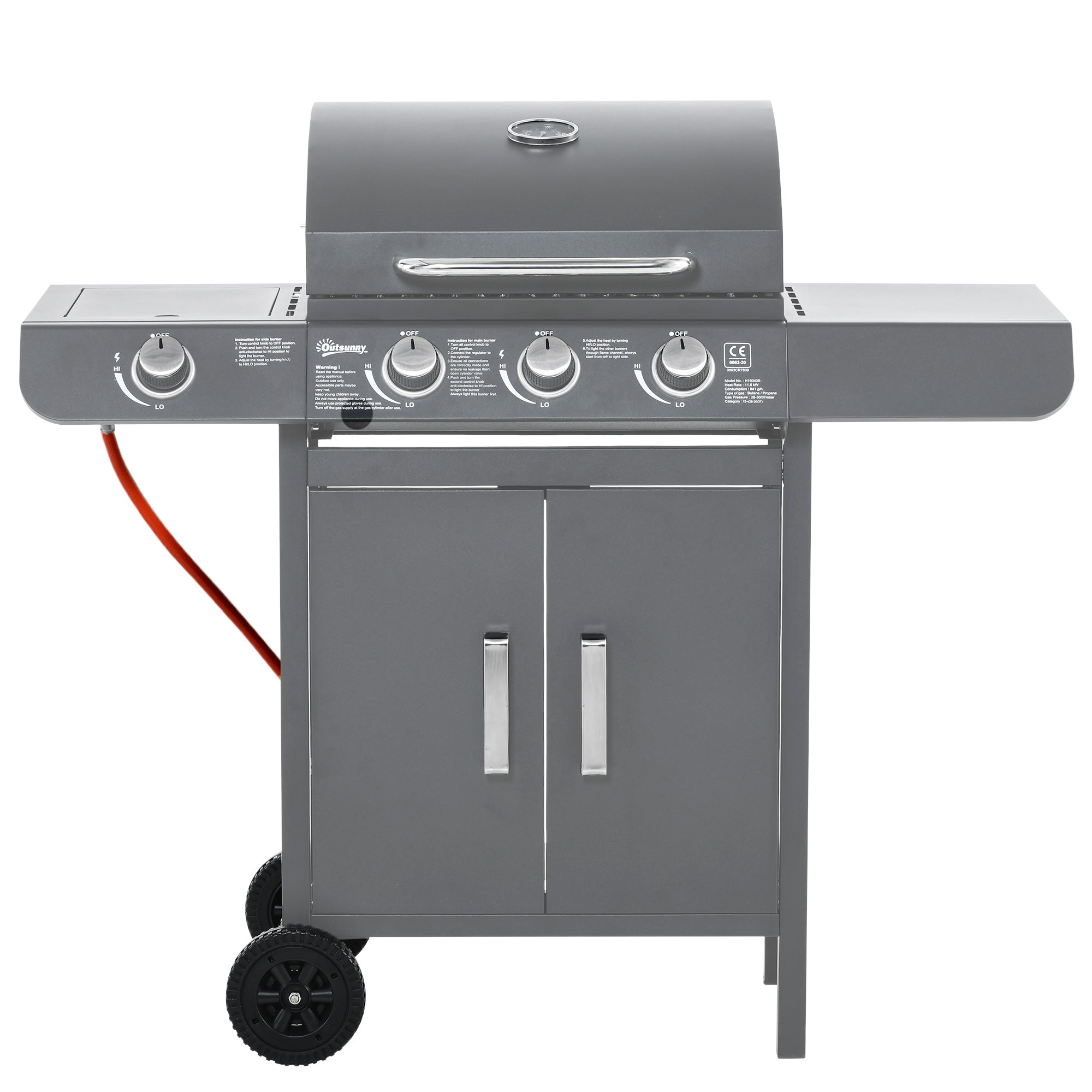 Outsunny 3+1 Burner Gas BBQ Grill with Side Burner and Large Cooking Area