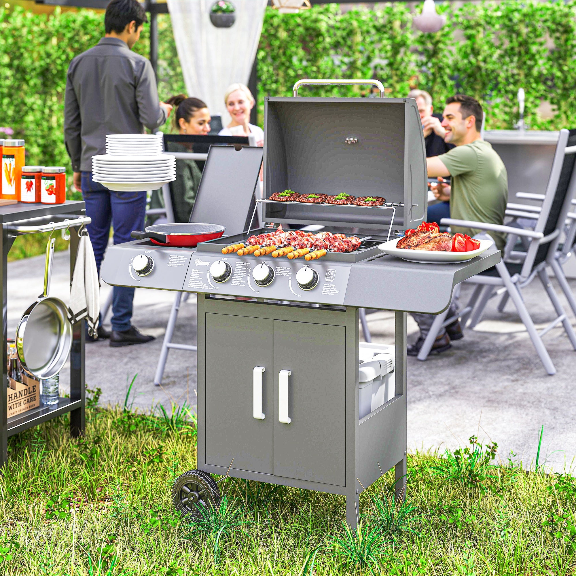 Outsunny 3+1 Burner Gas BBQ Grill with Side Burner and Large Cooking Area