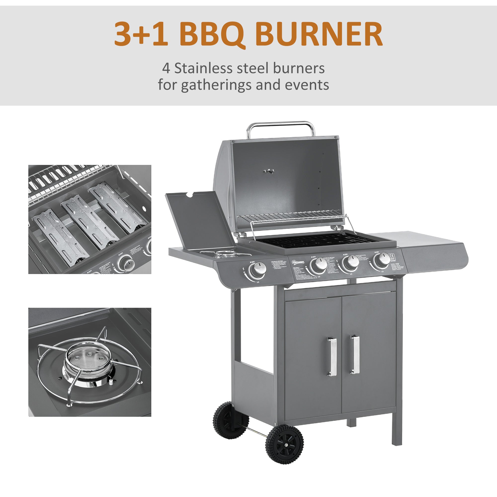 Outsunny 3+1 Burner Gas BBQ Grill with Side Burner and Large Cooking Area