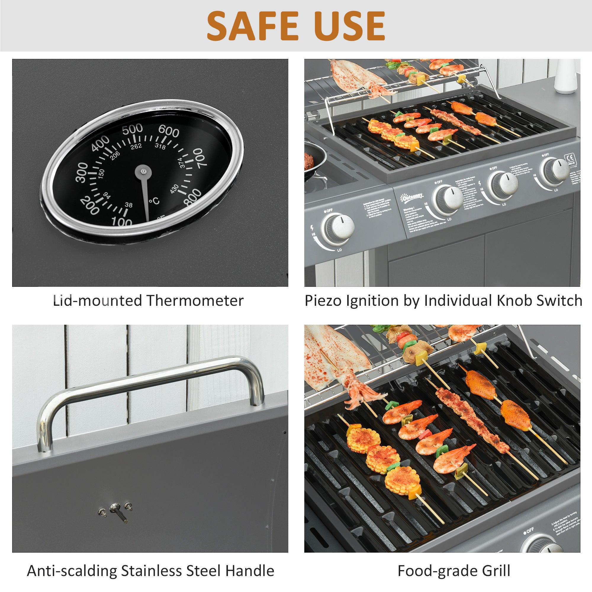 Outsunny 3+1 Burner Gas BBQ Grill with Side Burner and Large Cooking Area