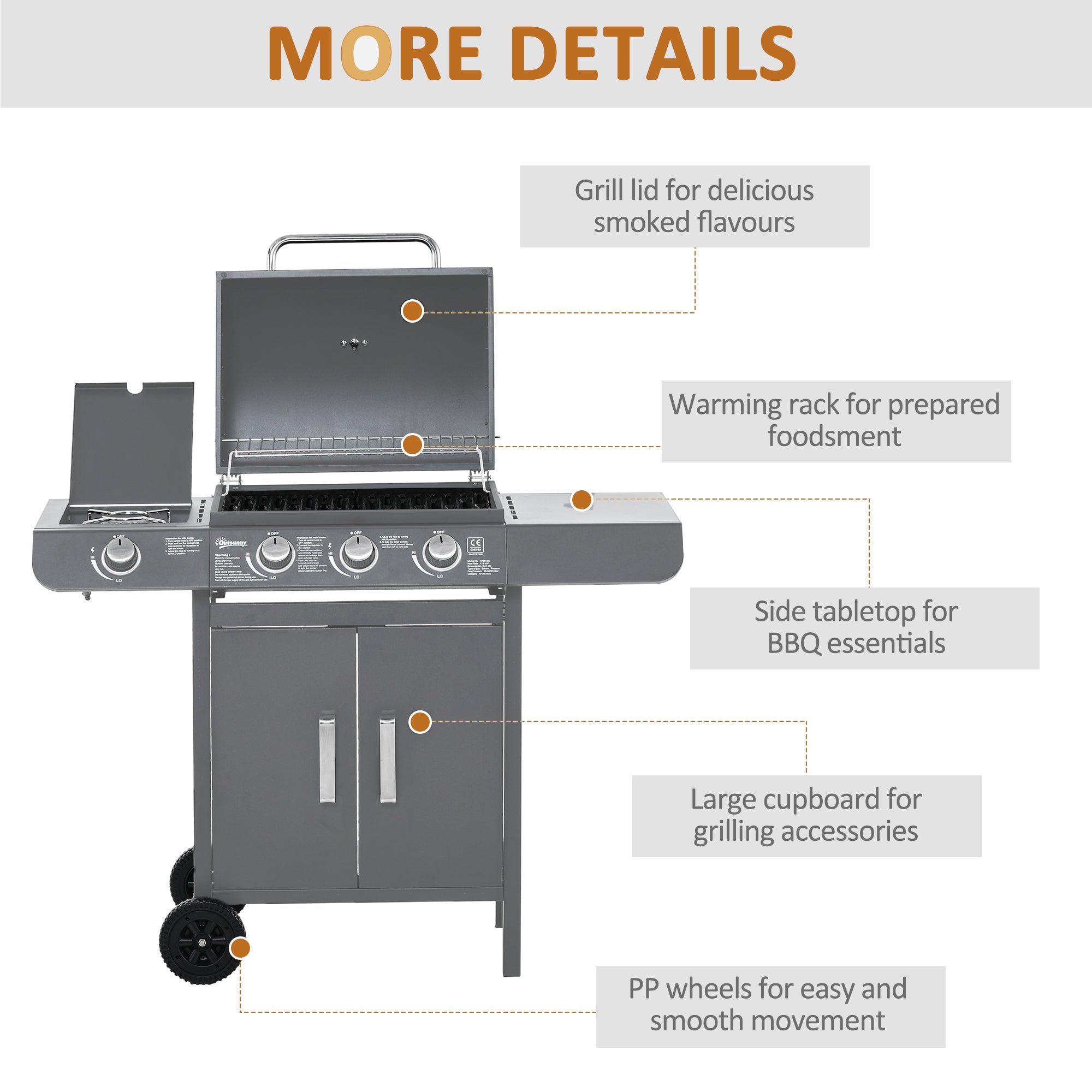 Outsunny 3+1 Burner Gas BBQ Grill with Side Burner and Large Cooking Area