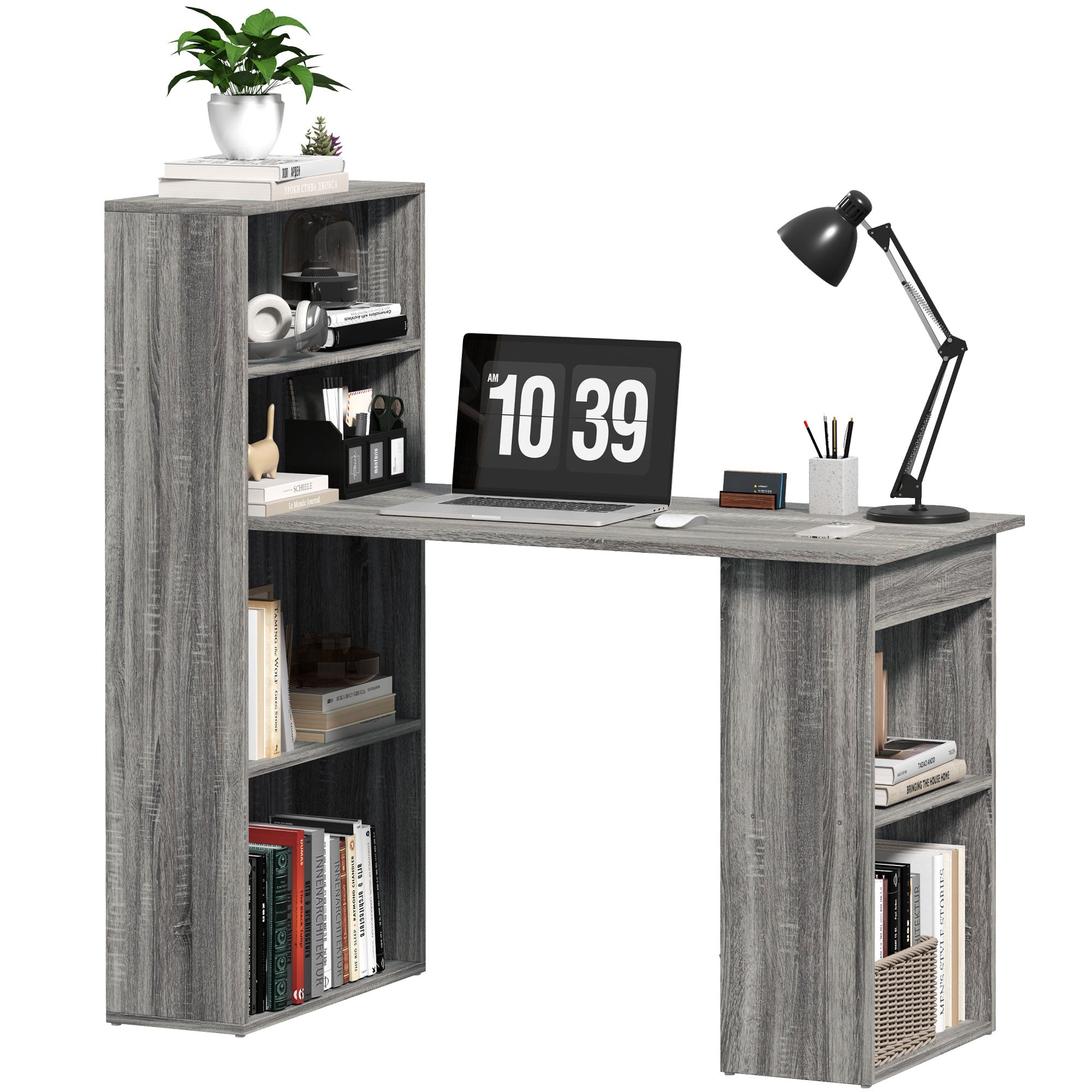 HOMCOM 120cm Grey Computer Desk with 6 Shelves and Storage