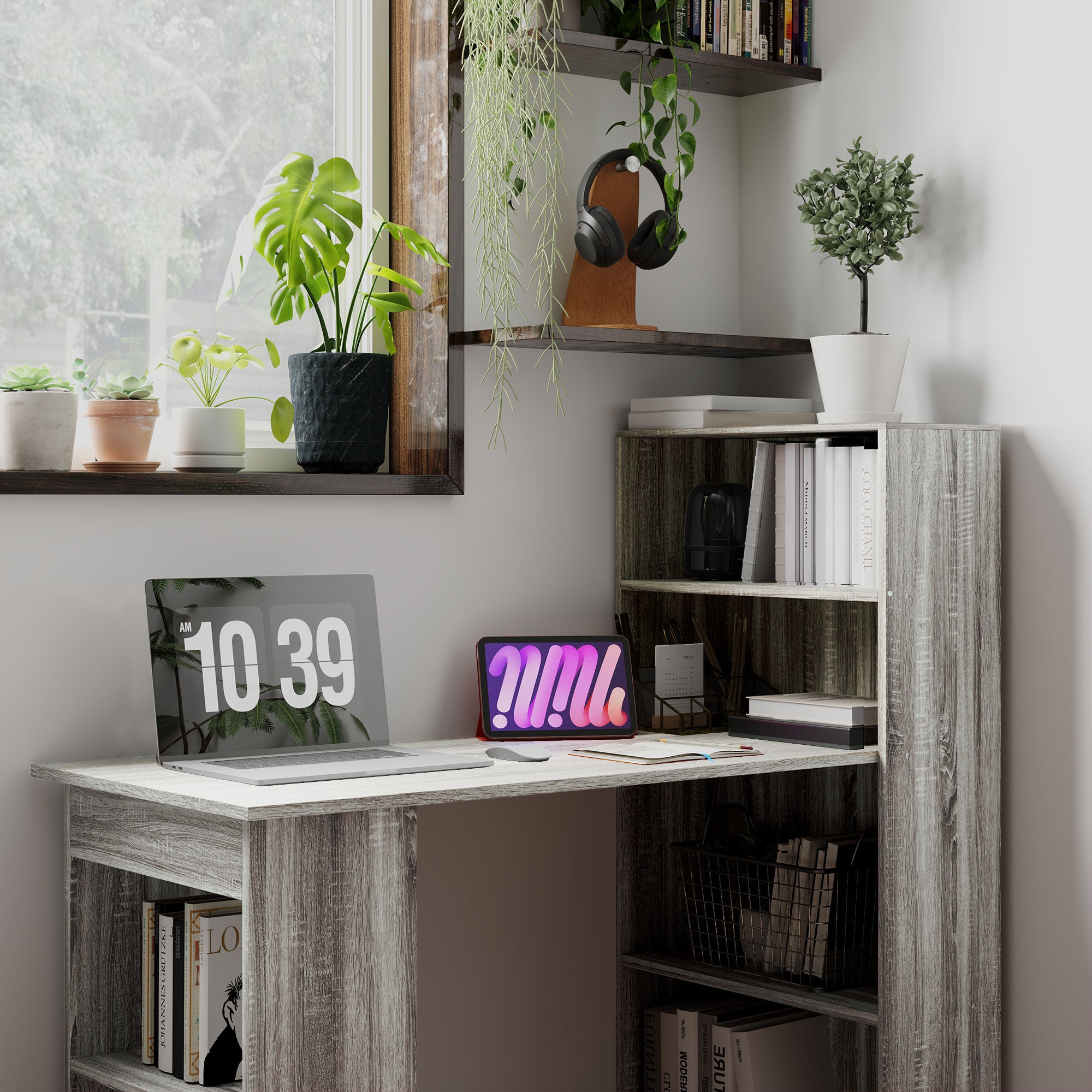 HOMCOM 120cm Grey Computer Desk with 6 Shelves and Storage