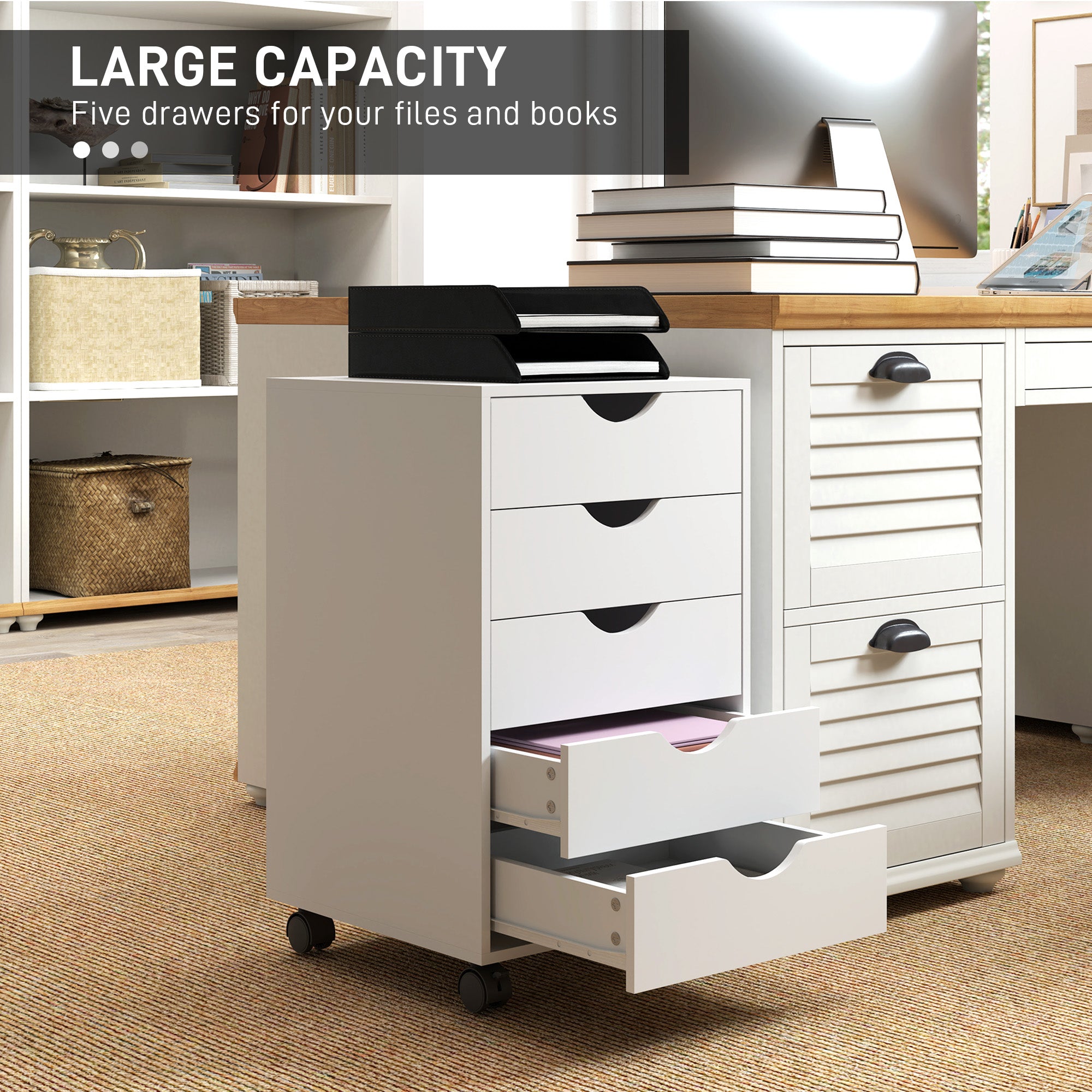 HOMCOM Mobile 5-Drawer Filing Cabinet, White, Home Office Storage