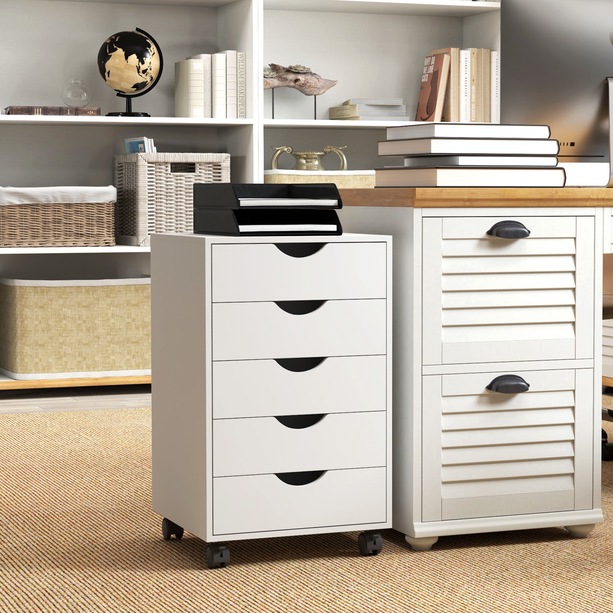 HOMCOM Mobile 5-Drawer Filing Cabinet, White, Home Office Storage