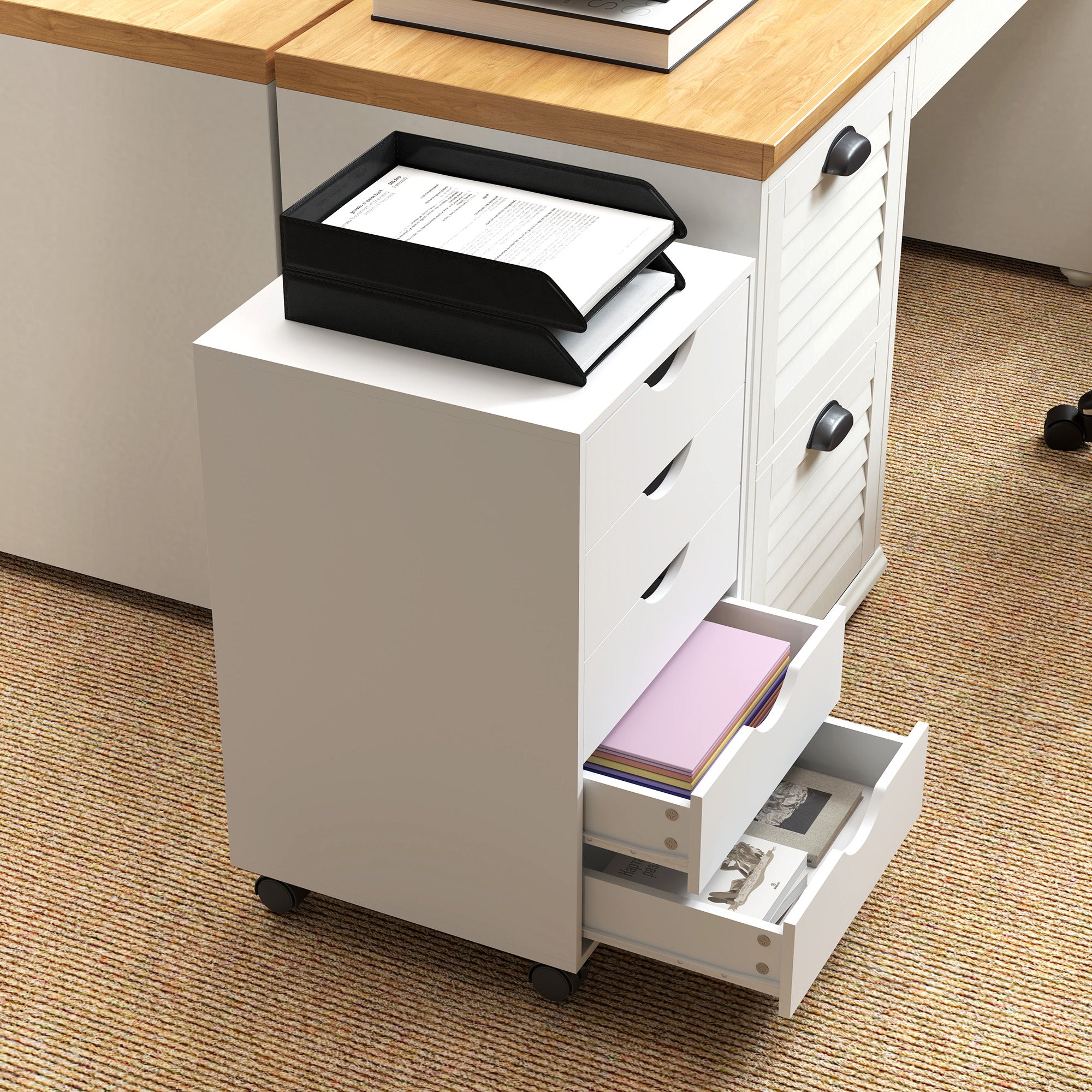 HOMCOM Mobile 5-Drawer Filing Cabinet, White, Home Office Storage