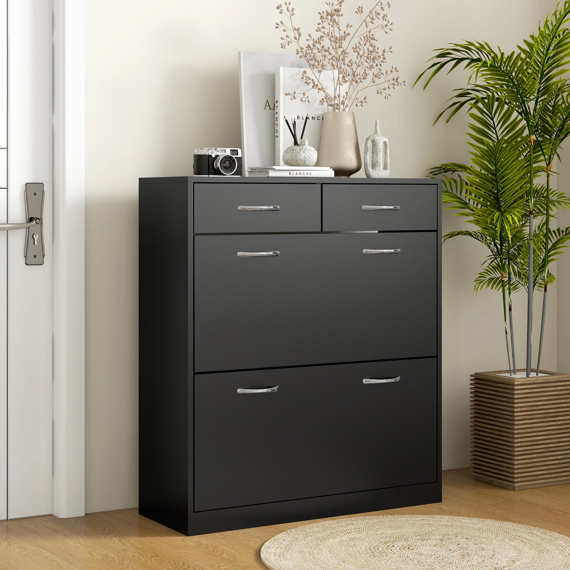 HOMCOM Slim Shoe Cabinet with 2 Flip Drawers, 12-Pair, Black