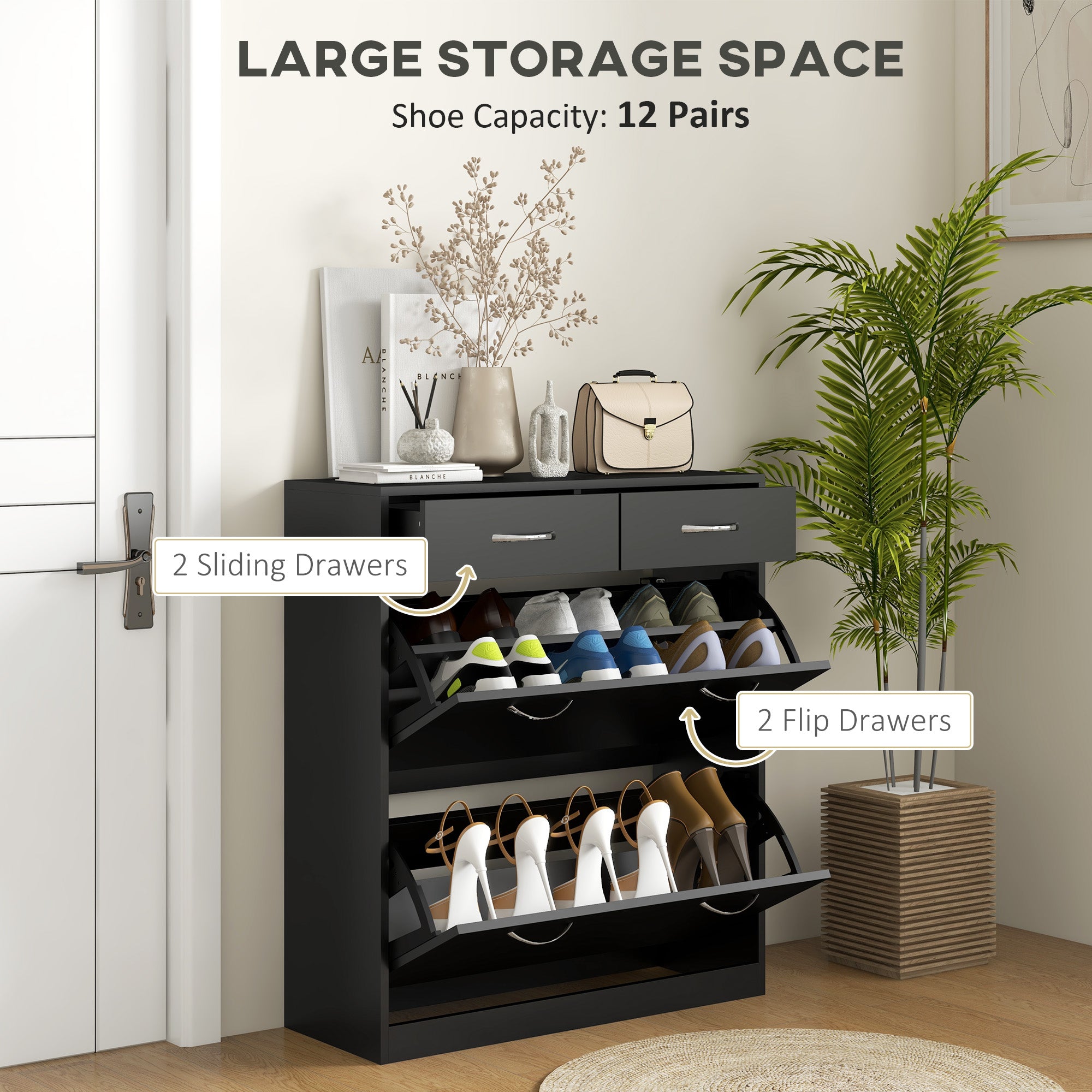HOMCOM Slim Shoe Cabinet with 2 Flip Drawers, 12-Pair, Black