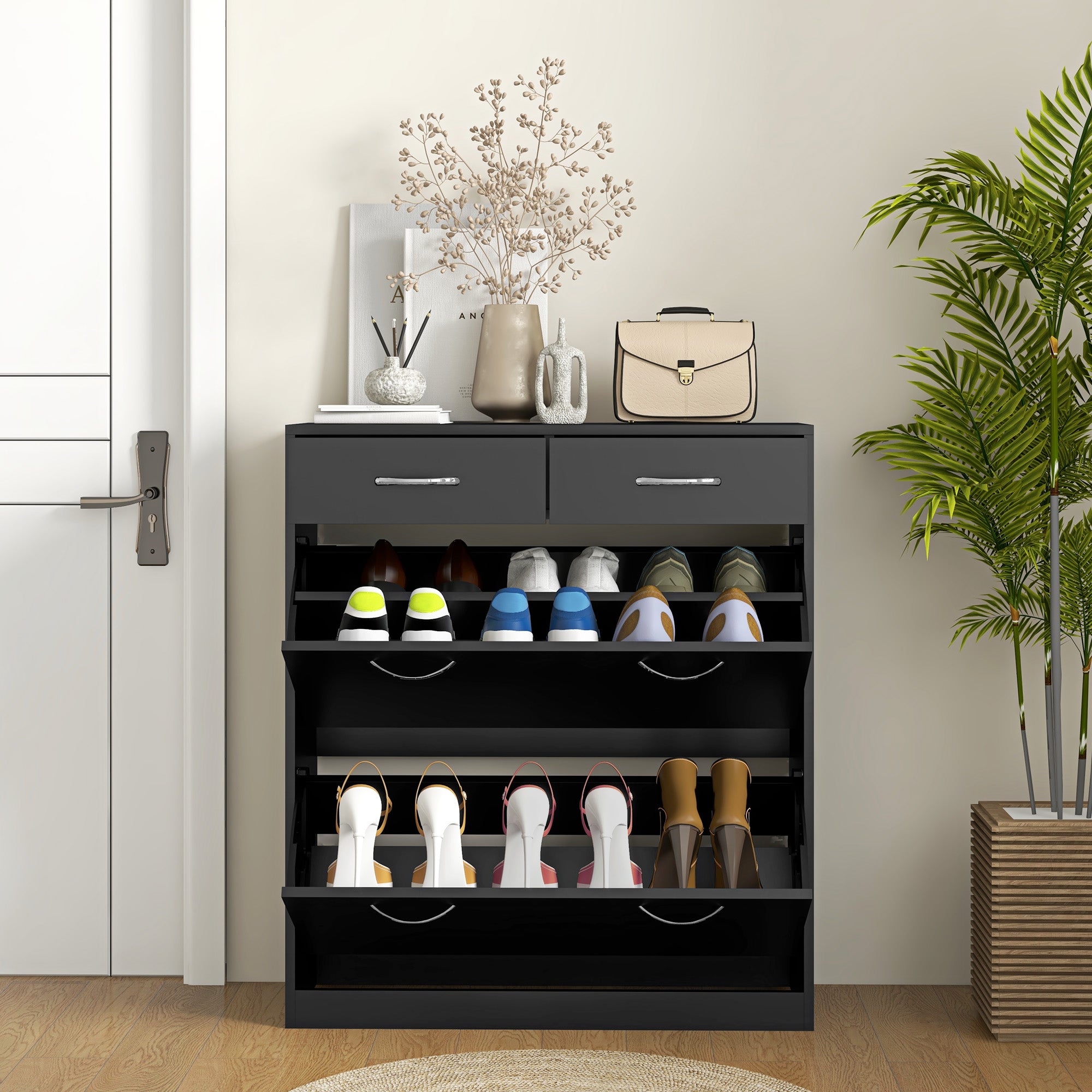 HOMCOM Slim Shoe Cabinet with 2 Flip Drawers, 12-Pair, Black