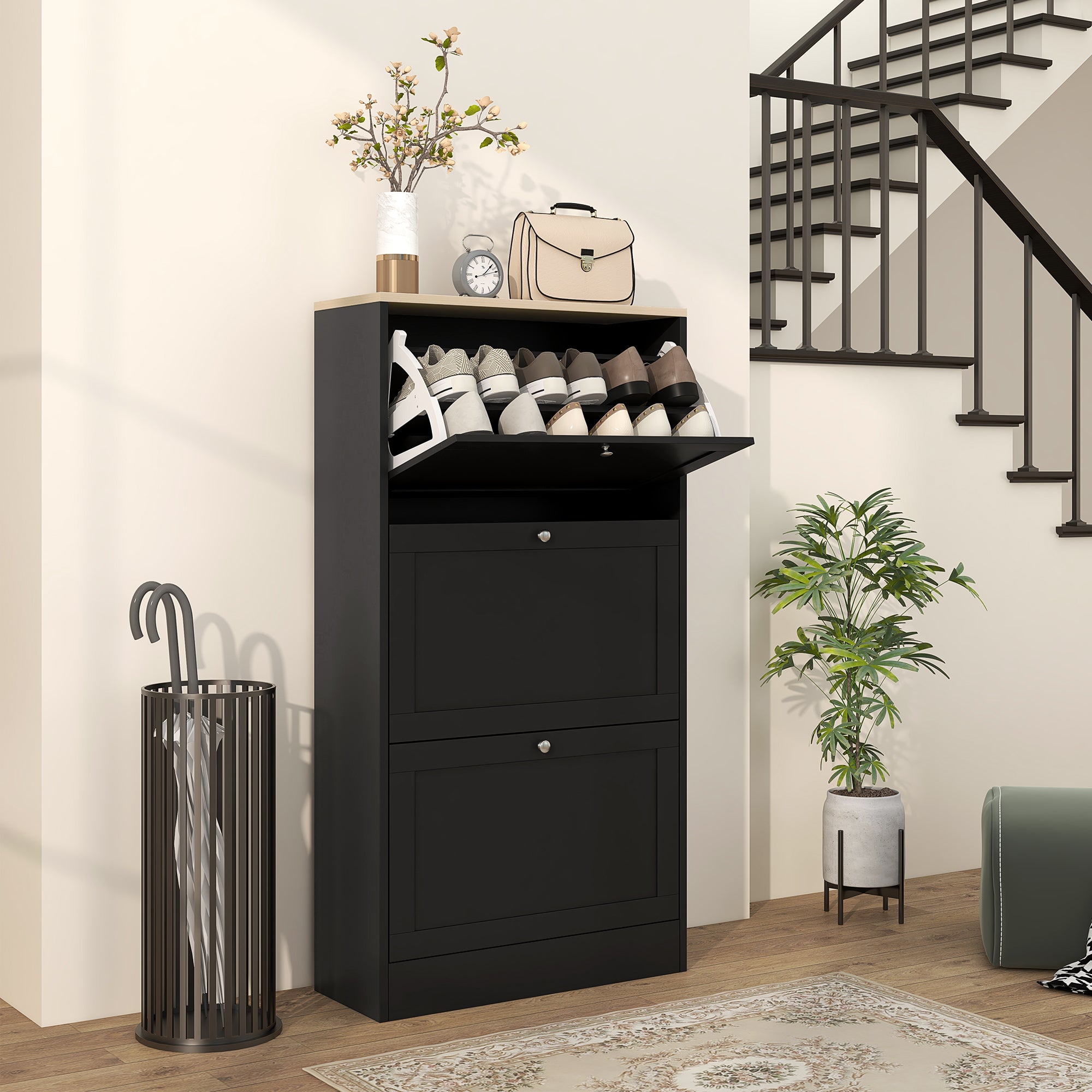 HOMCOM Narrow Shoe Cabinet with 3 Flip Drawers, Black, 18 Pairs