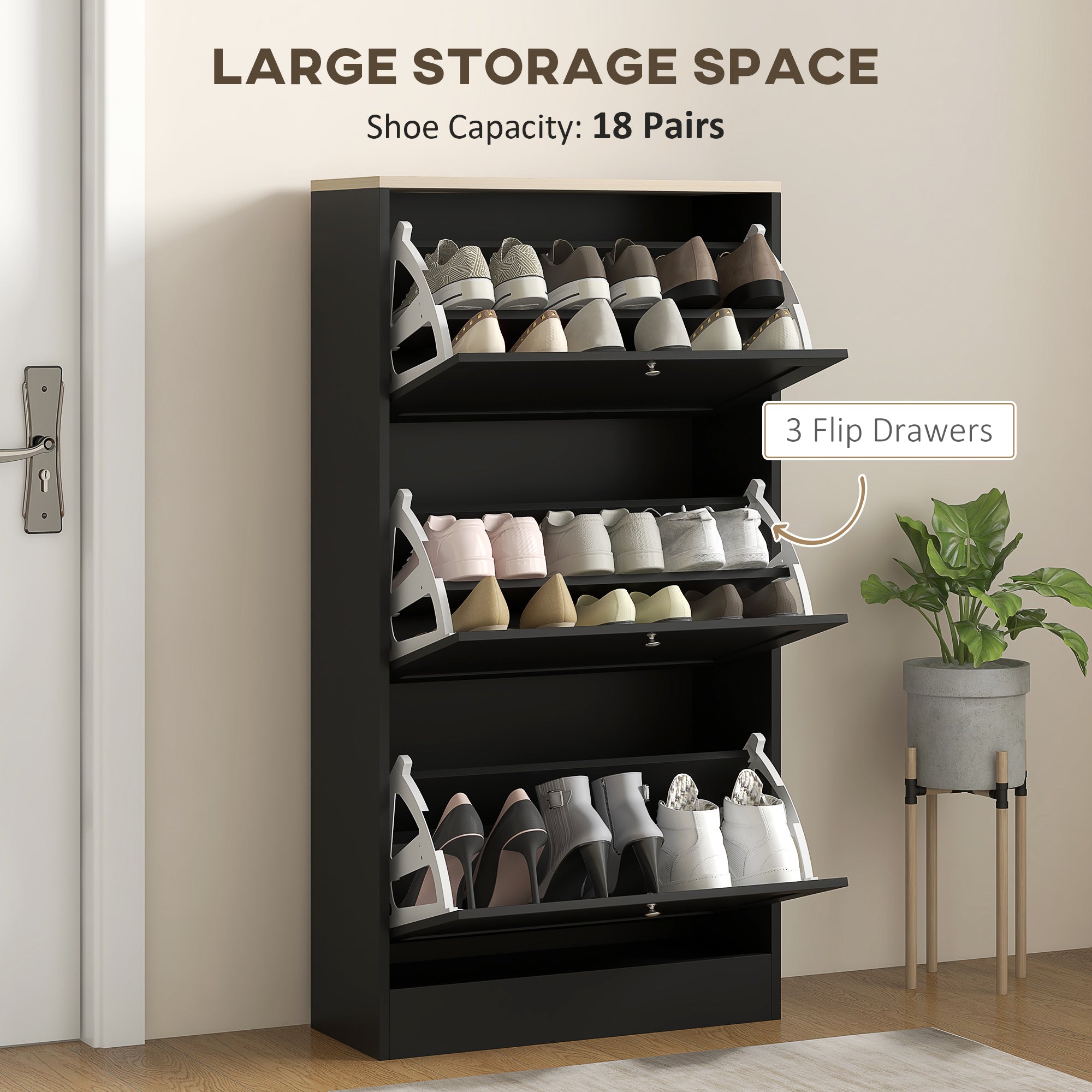 HOMCOM Narrow Shoe Cabinet with 3 Flip Drawers, Black, 18 Pairs