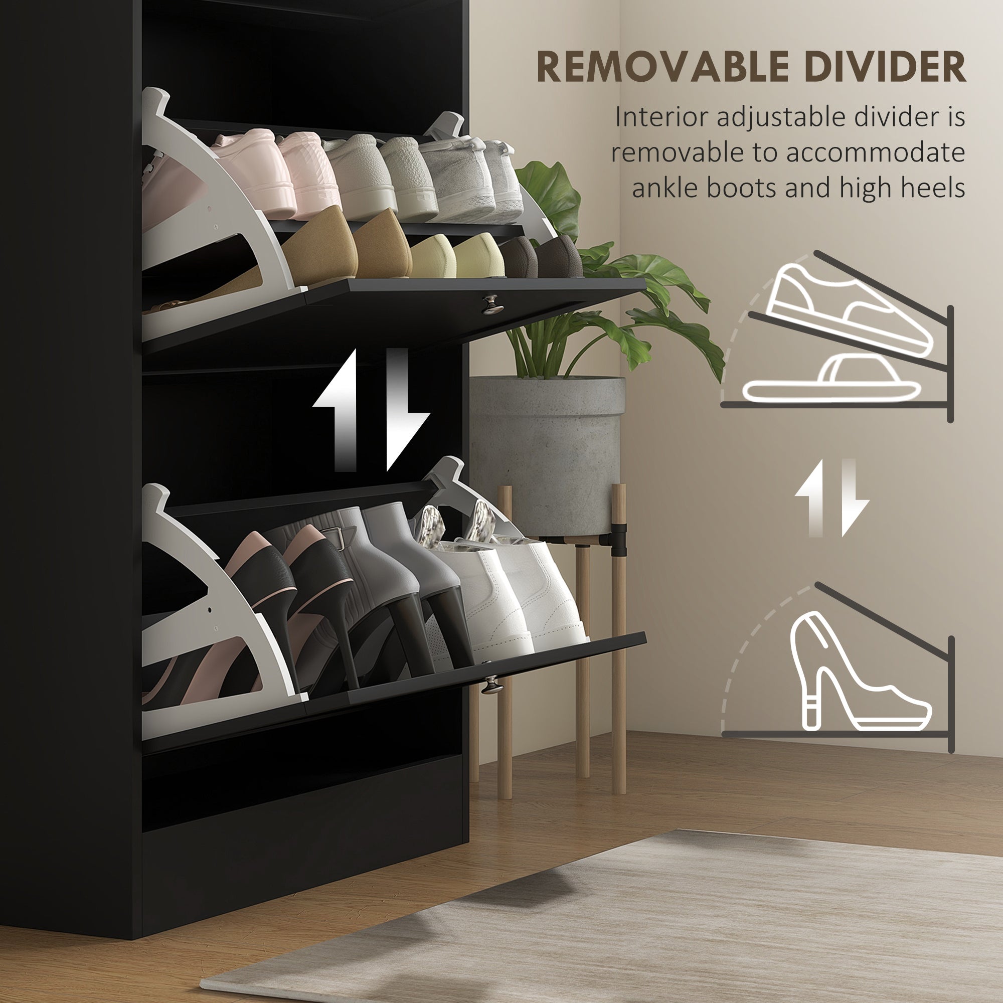 HOMCOM Narrow Shoe Cabinet with 3 Flip Drawers, Black, 18 Pairs