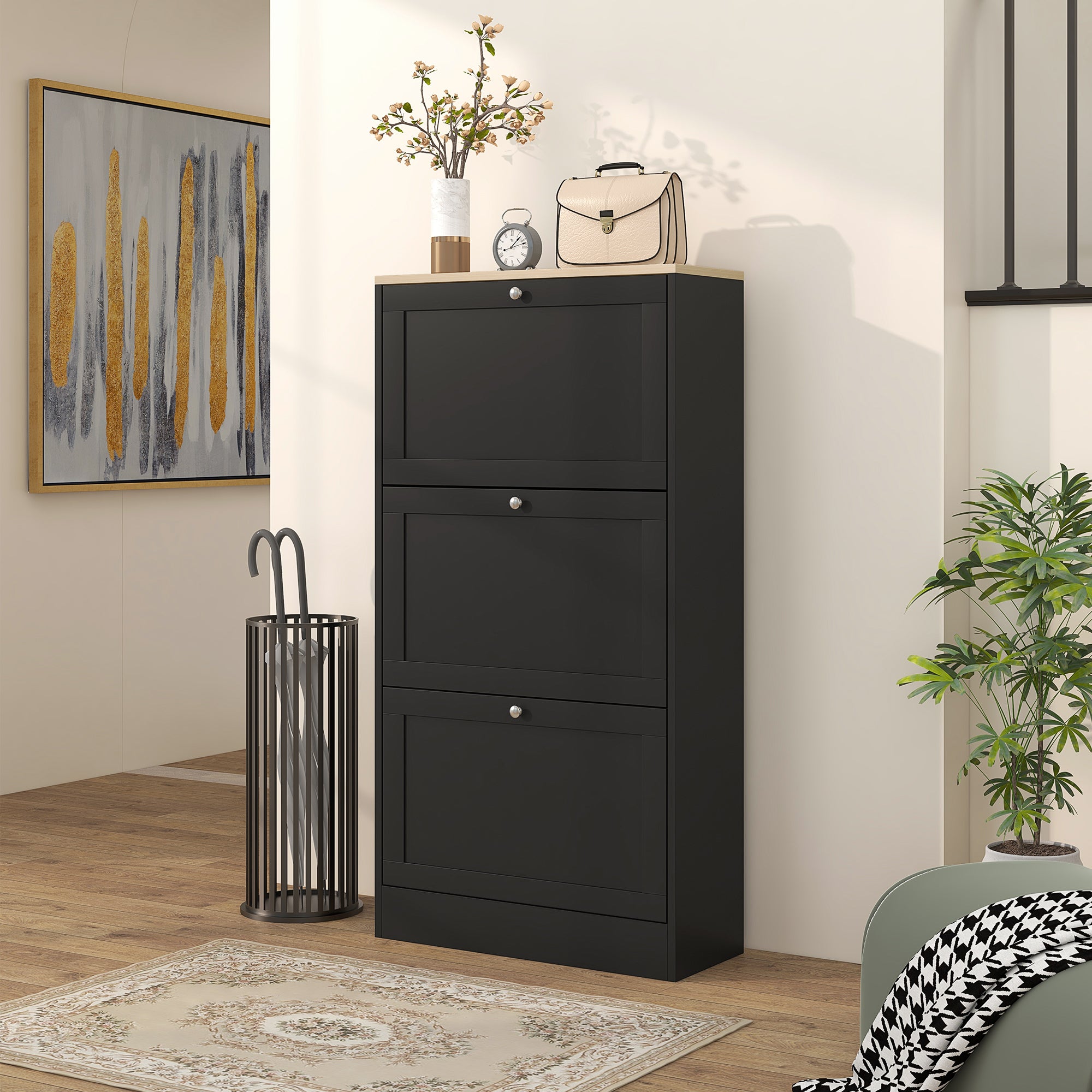 HOMCOM Narrow Shoe Cabinet with 3 Flip Drawers, Black, 18 Pairs