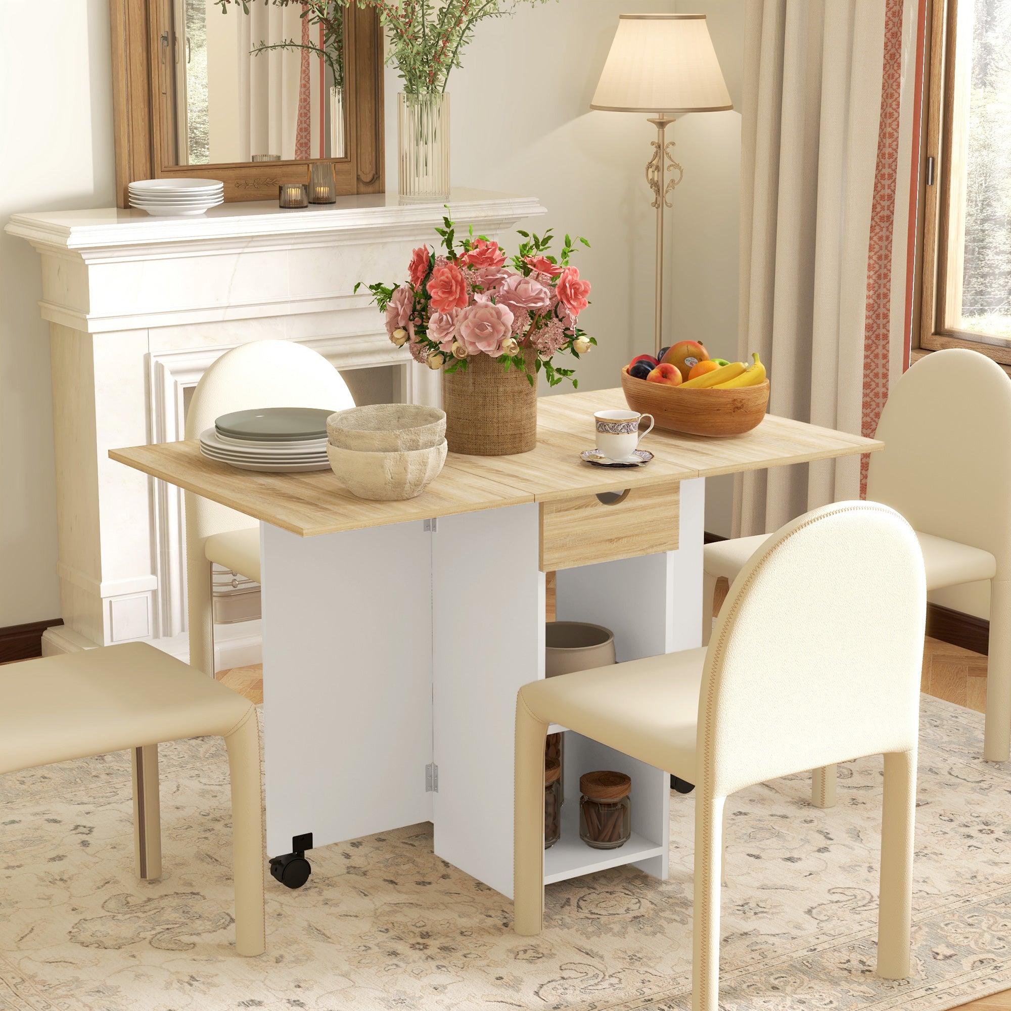 HOMCOM Oak Foldable Drop Leaf Dining Table with Storage
