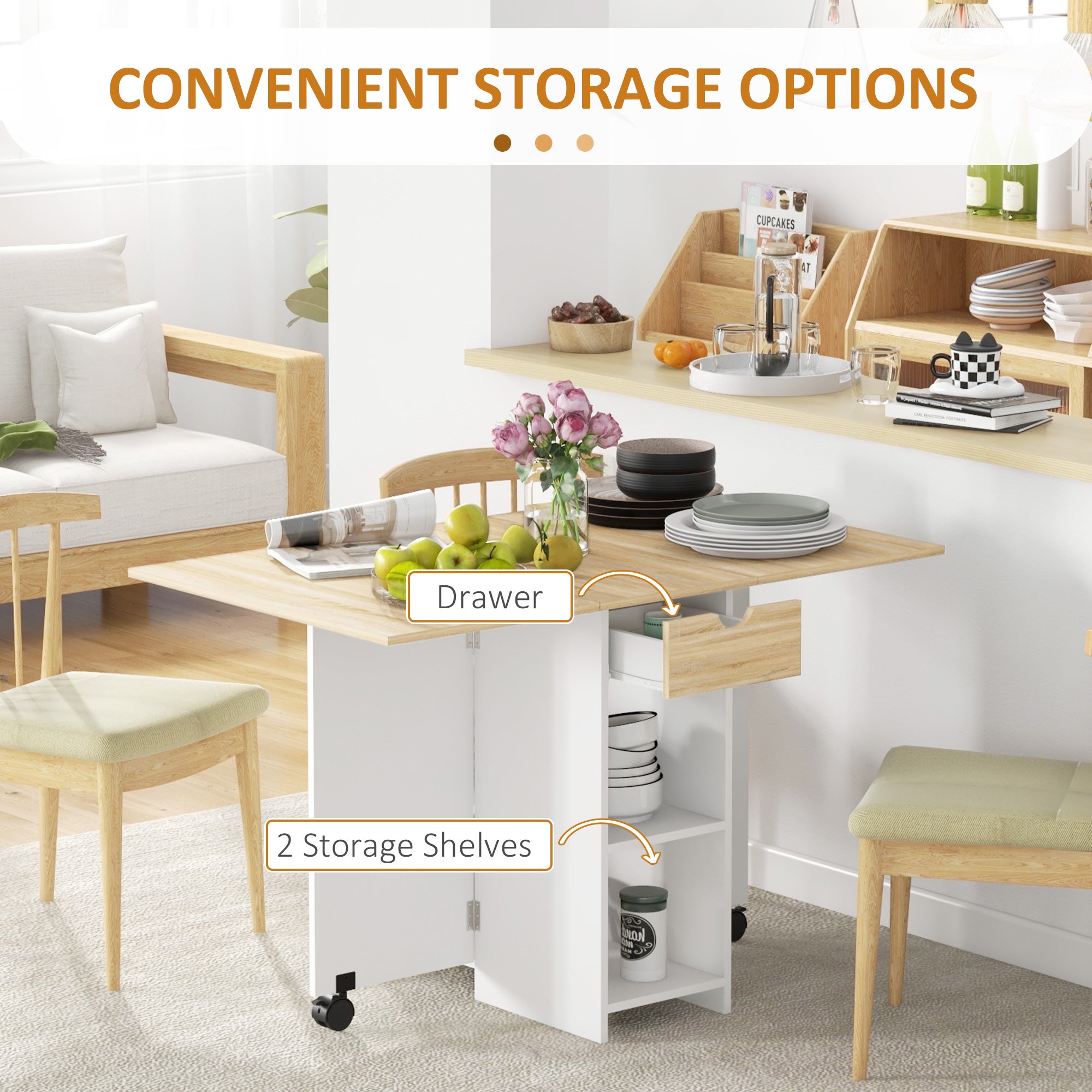 HOMCOM Oak Foldable Drop Leaf Dining Table with Storage
