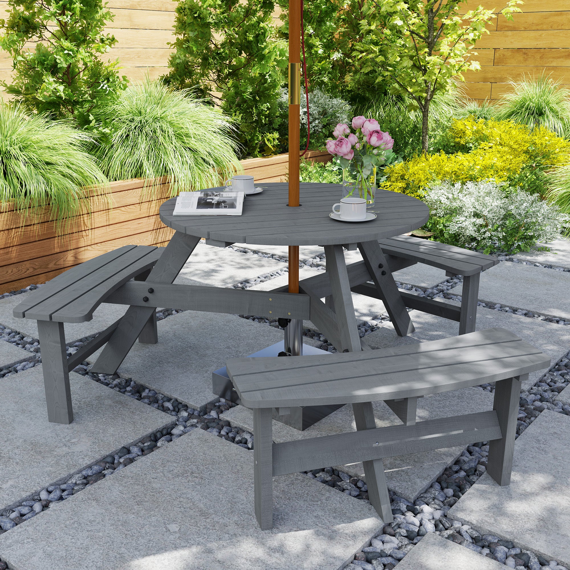 Outsunny 6-Person Fir Wood Outdoor Table Bench Set, Grey