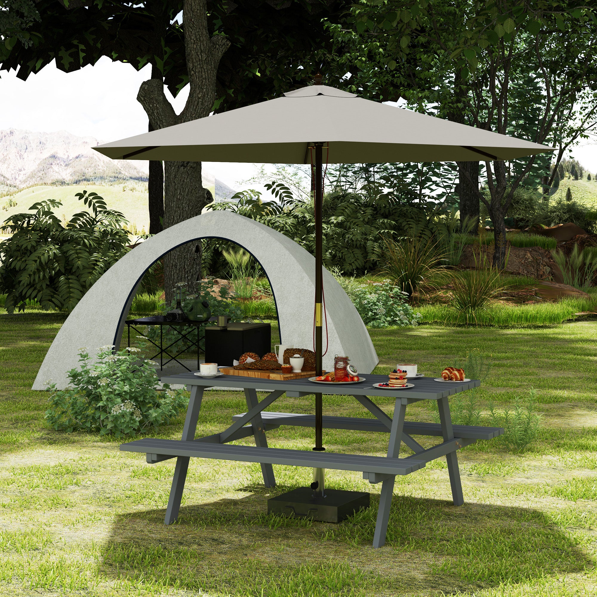 Outsunny 4-Seater Wooden Picnic Table Bench Set, Grey, Parasol Hole