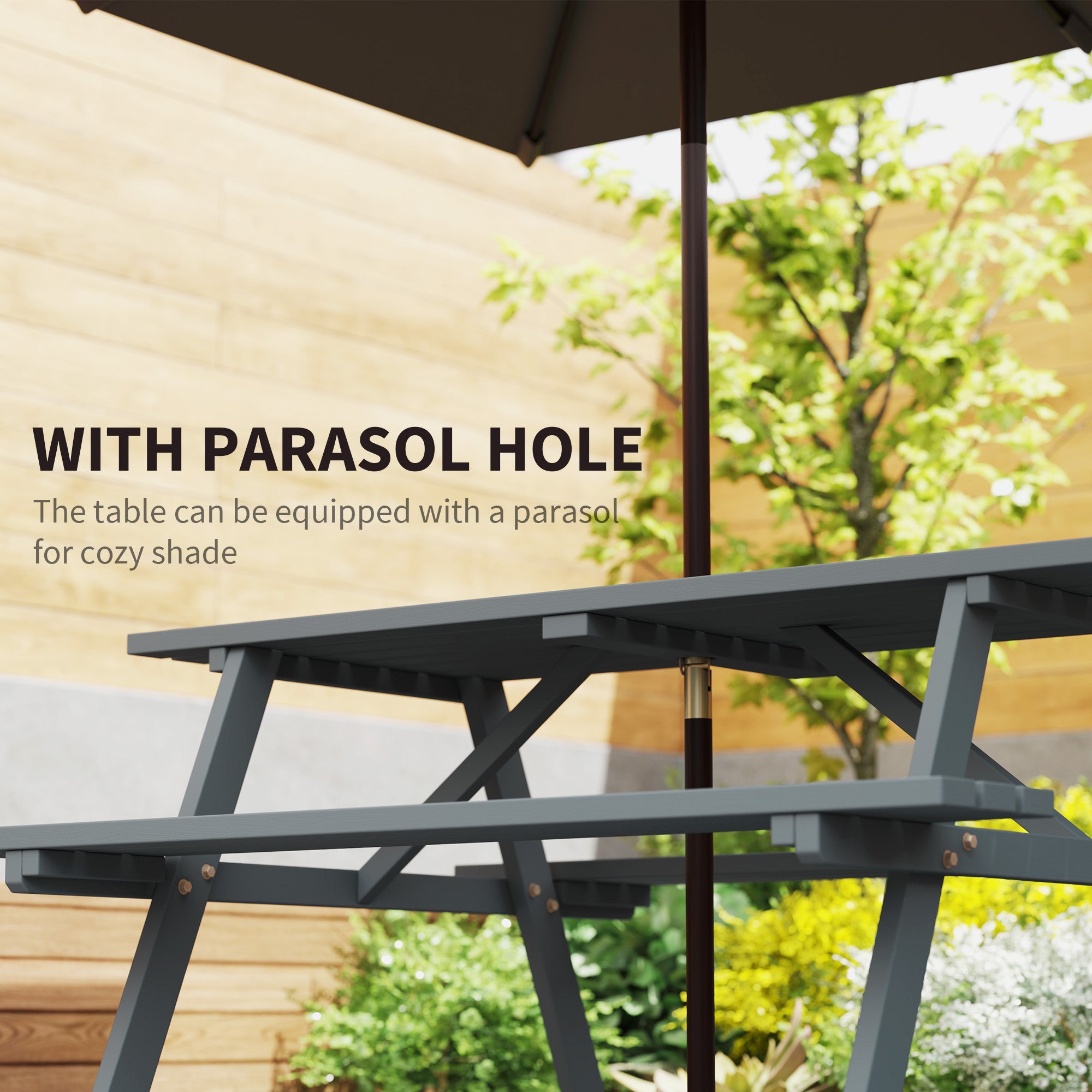 Outsunny 4-Seater Wooden Picnic Table Bench Set, Grey, Parasol Hole