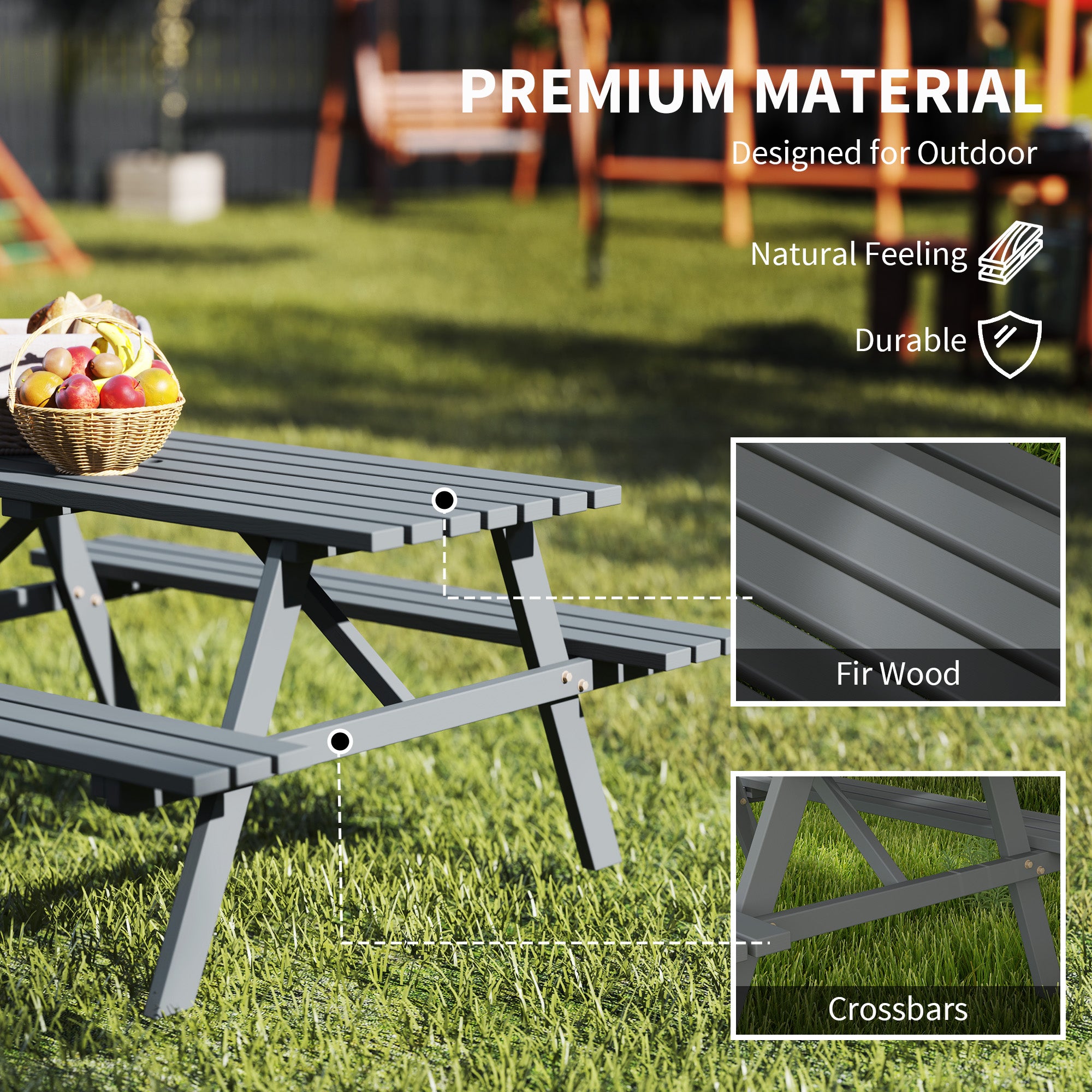 Outsunny 4-Seater Wooden Picnic Table Bench Set, Grey, Parasol Hole