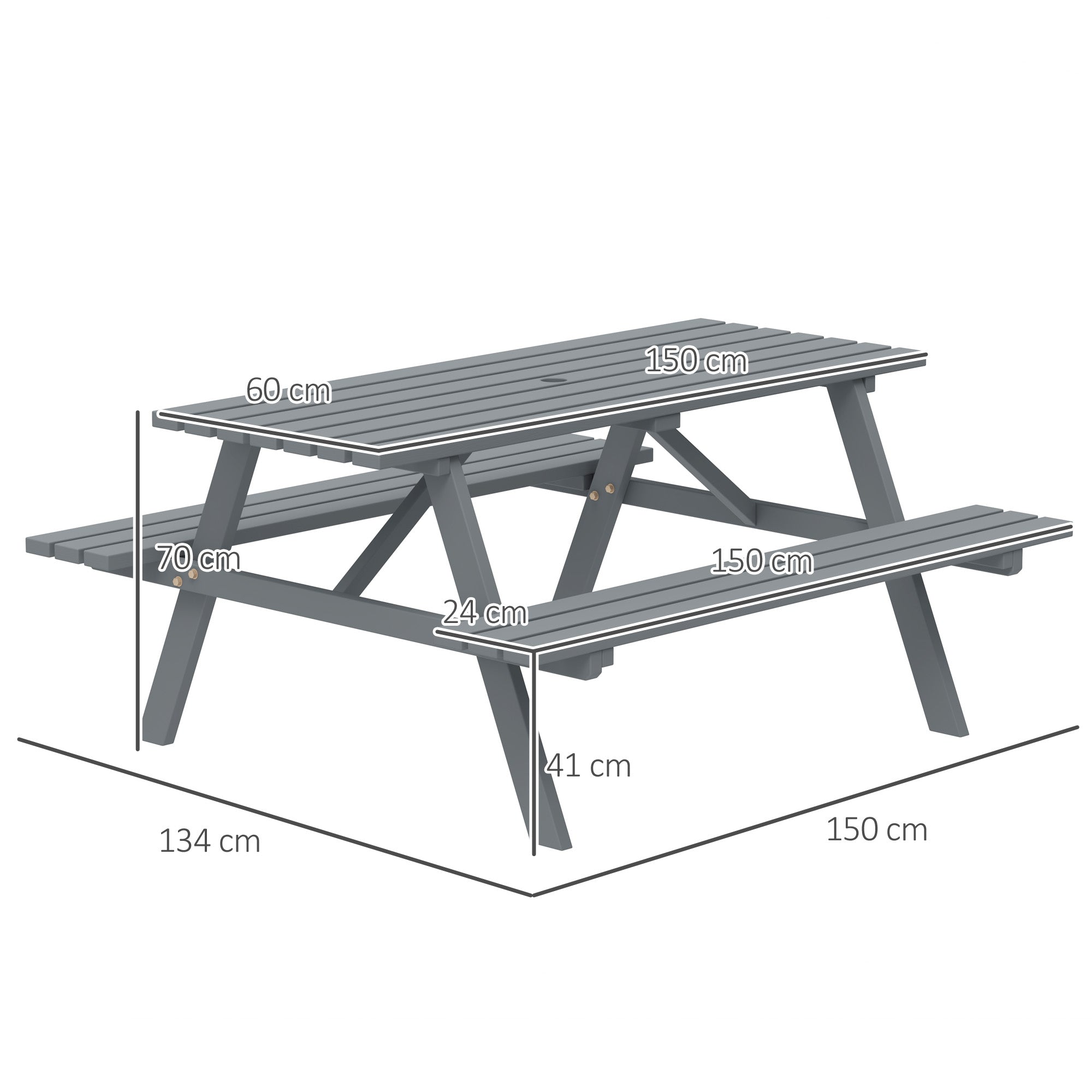 Outsunny 4-Seater Wooden Picnic Table Bench Set, Grey, Parasol Hole