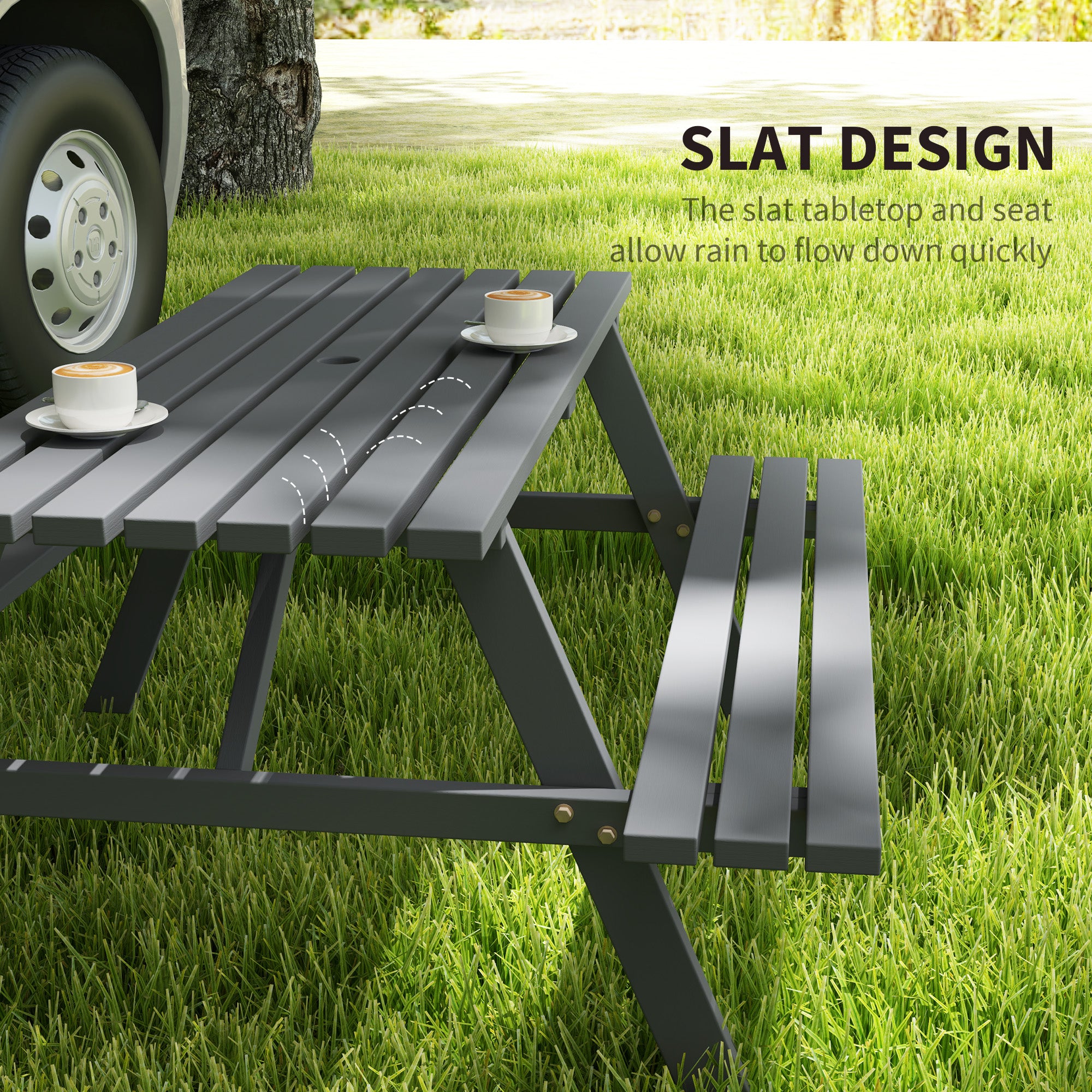 Outsunny 4-Seater Wooden Picnic Table Bench Set, Grey, Parasol Hole
