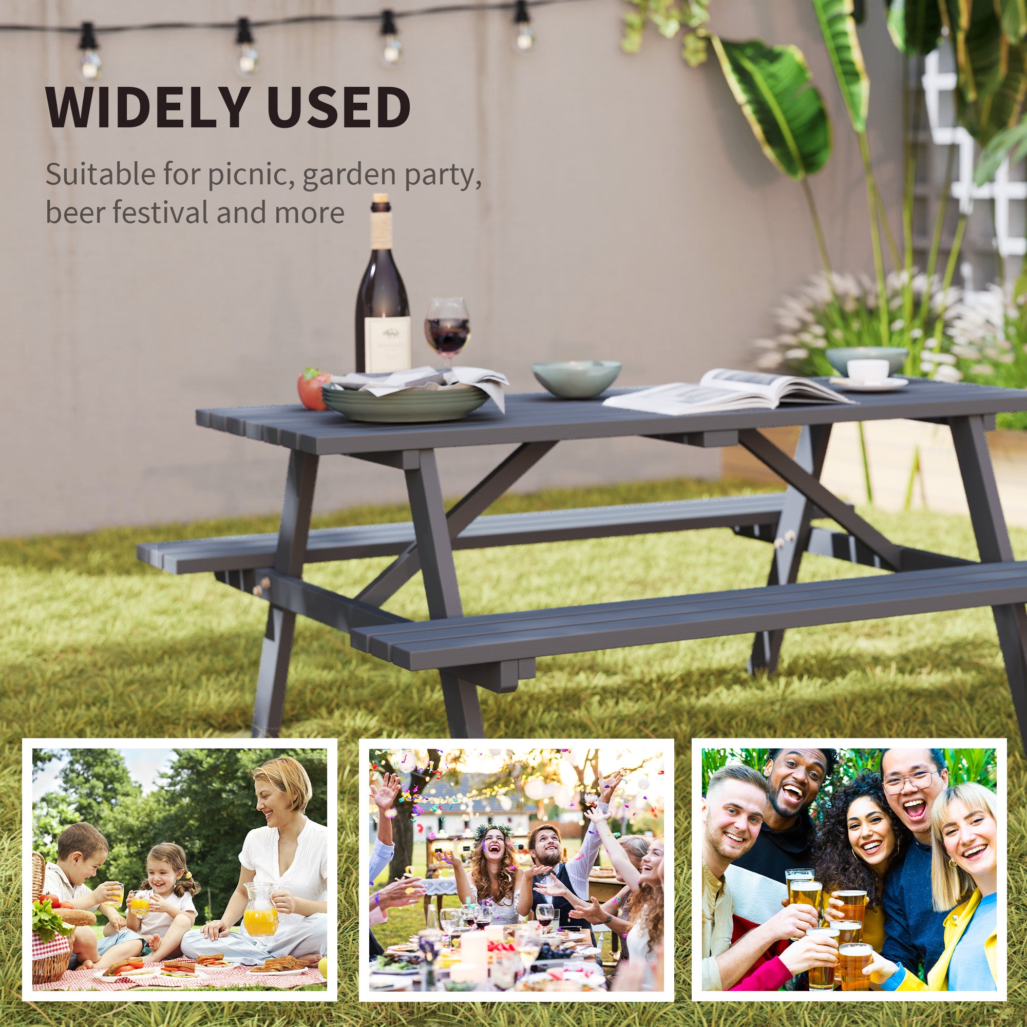 Outsunny 4-Seater Wooden Picnic Table Bench Set, Grey, Parasol Hole