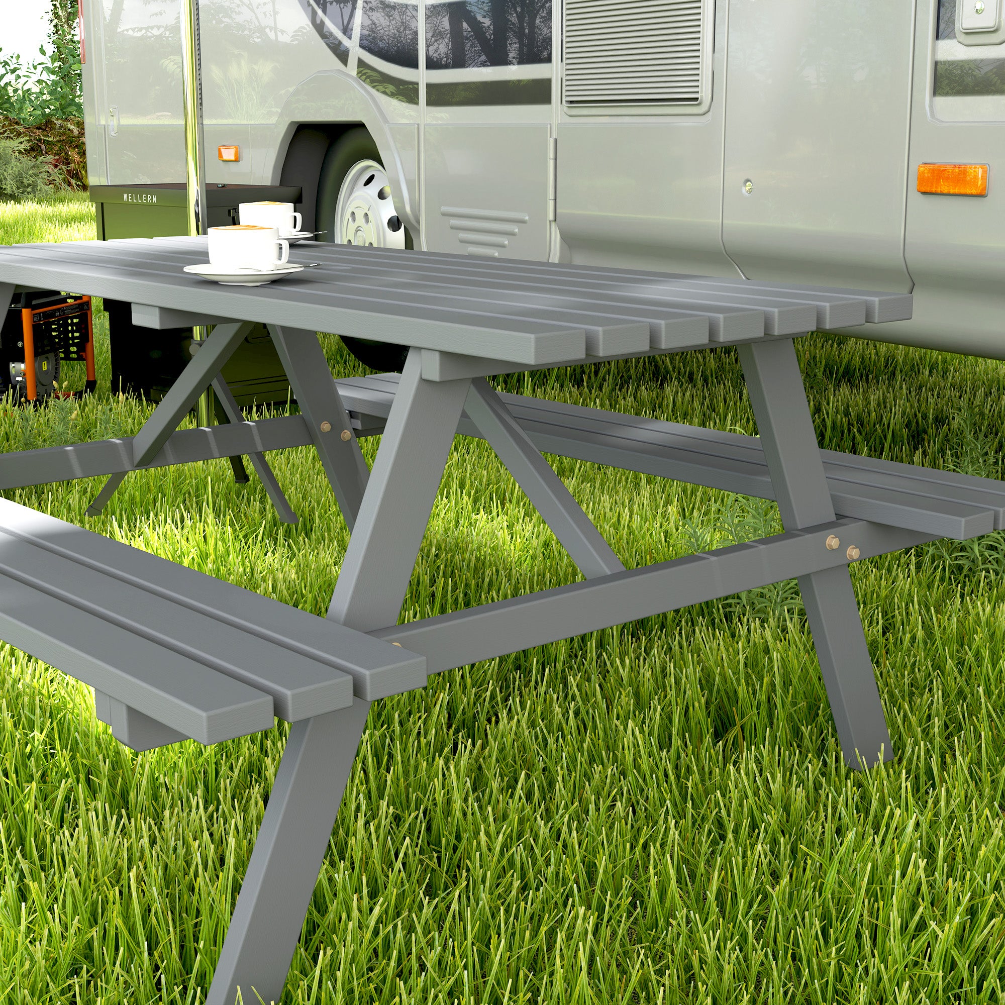 Outsunny 4-Seater Wooden Picnic Table Bench Set, Grey, Parasol Hole
