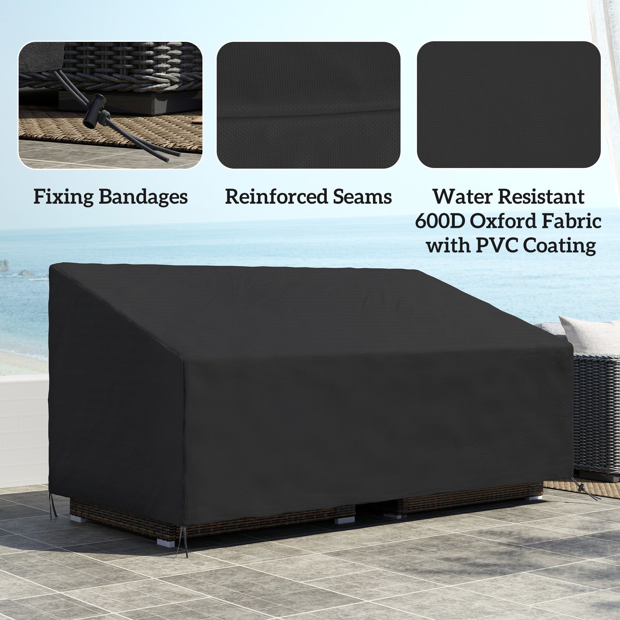Outsunny 600D Waterproof Oxford 3-Seater Sofa Cover, Black, 218x111x101cm