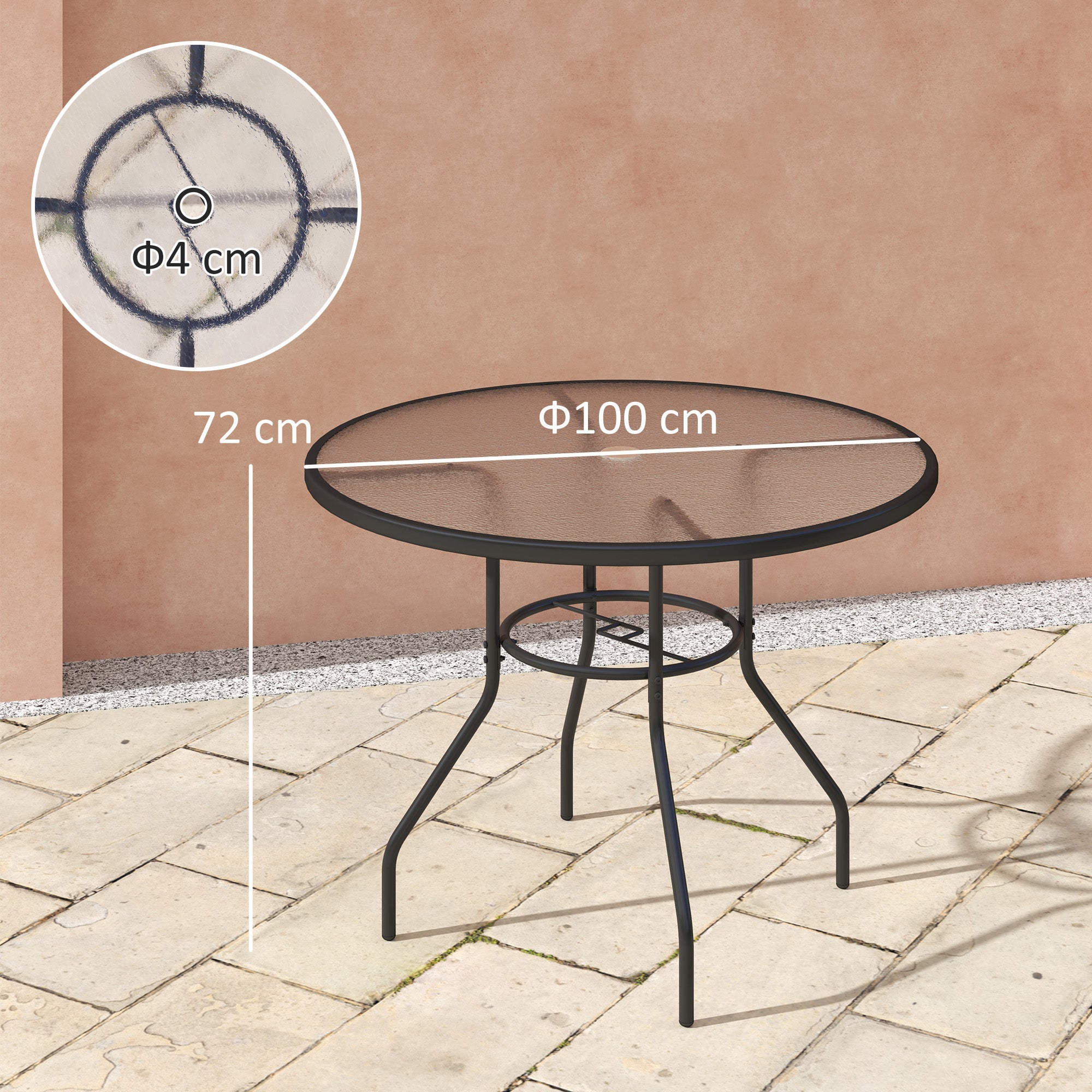 Outsunny 100cm Round Tempered Glass Outdoor Dining Table with Parasol Hole