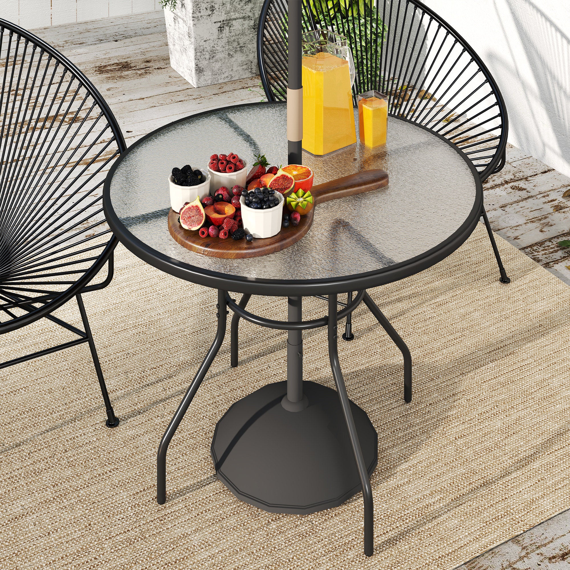 Outsunny 100cm Round Tempered Glass Outdoor Dining Table with Parasol Hole
