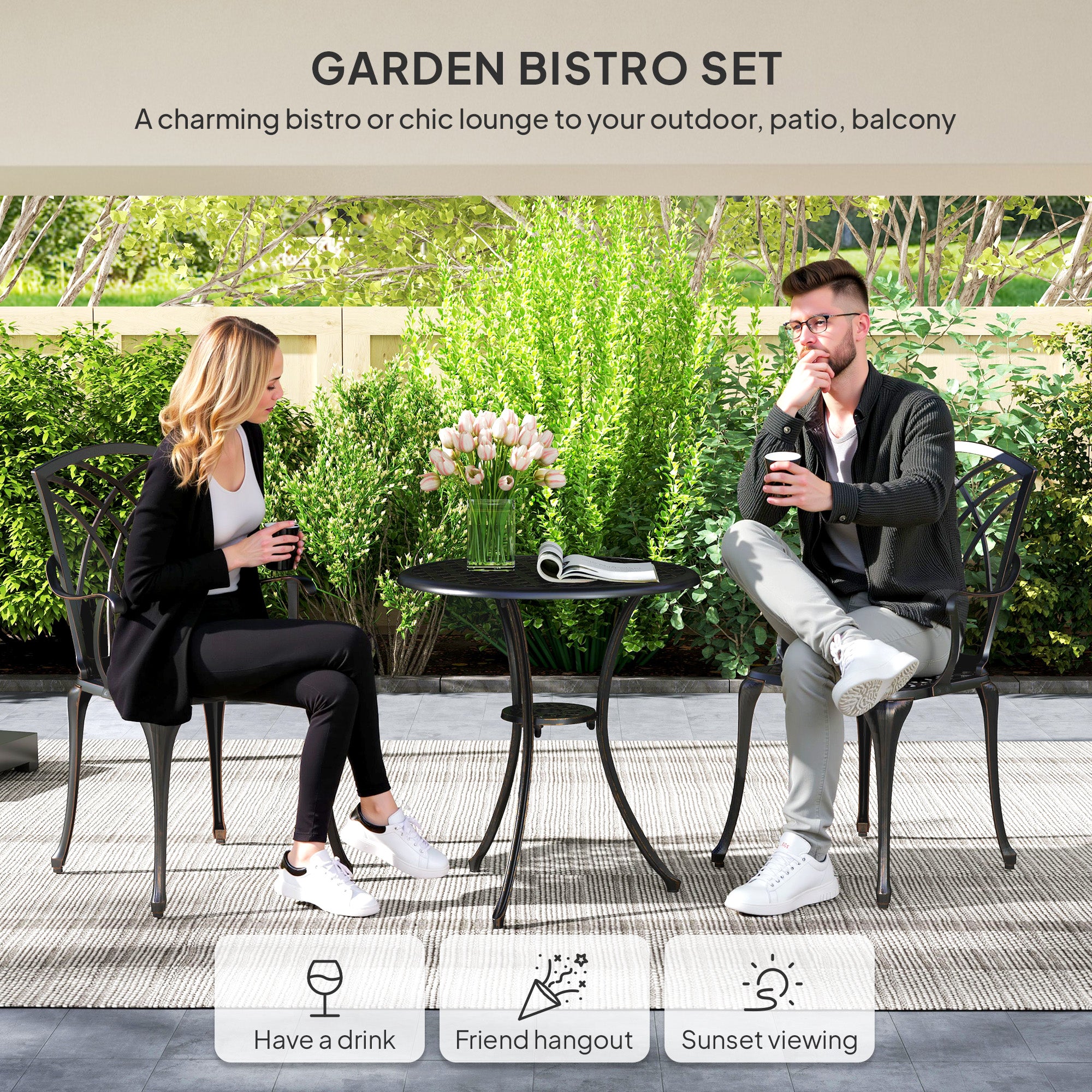 Outsunny 3-Piece Cast Aluminium Bistro Set with Umbrella Hole