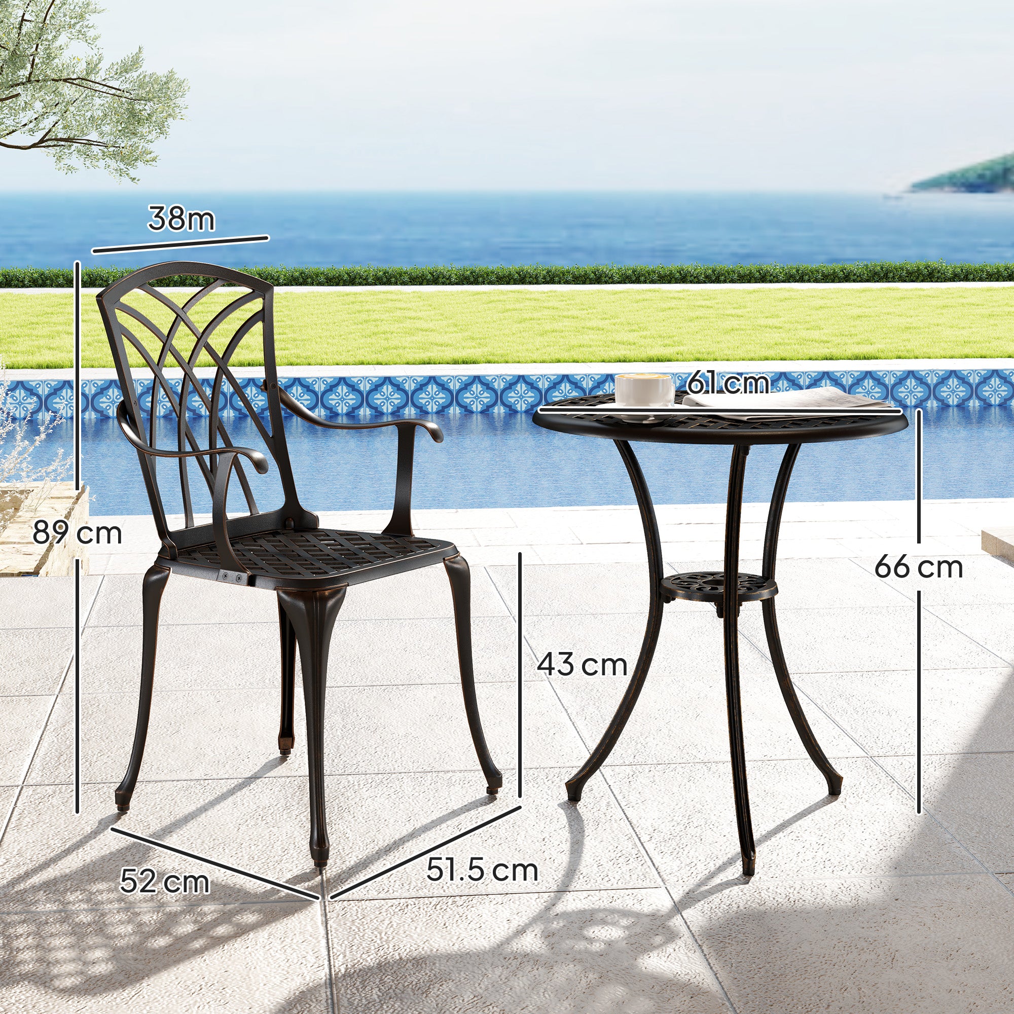 Outsunny 3-Piece Cast Aluminium Bistro Set with Umbrella Hole