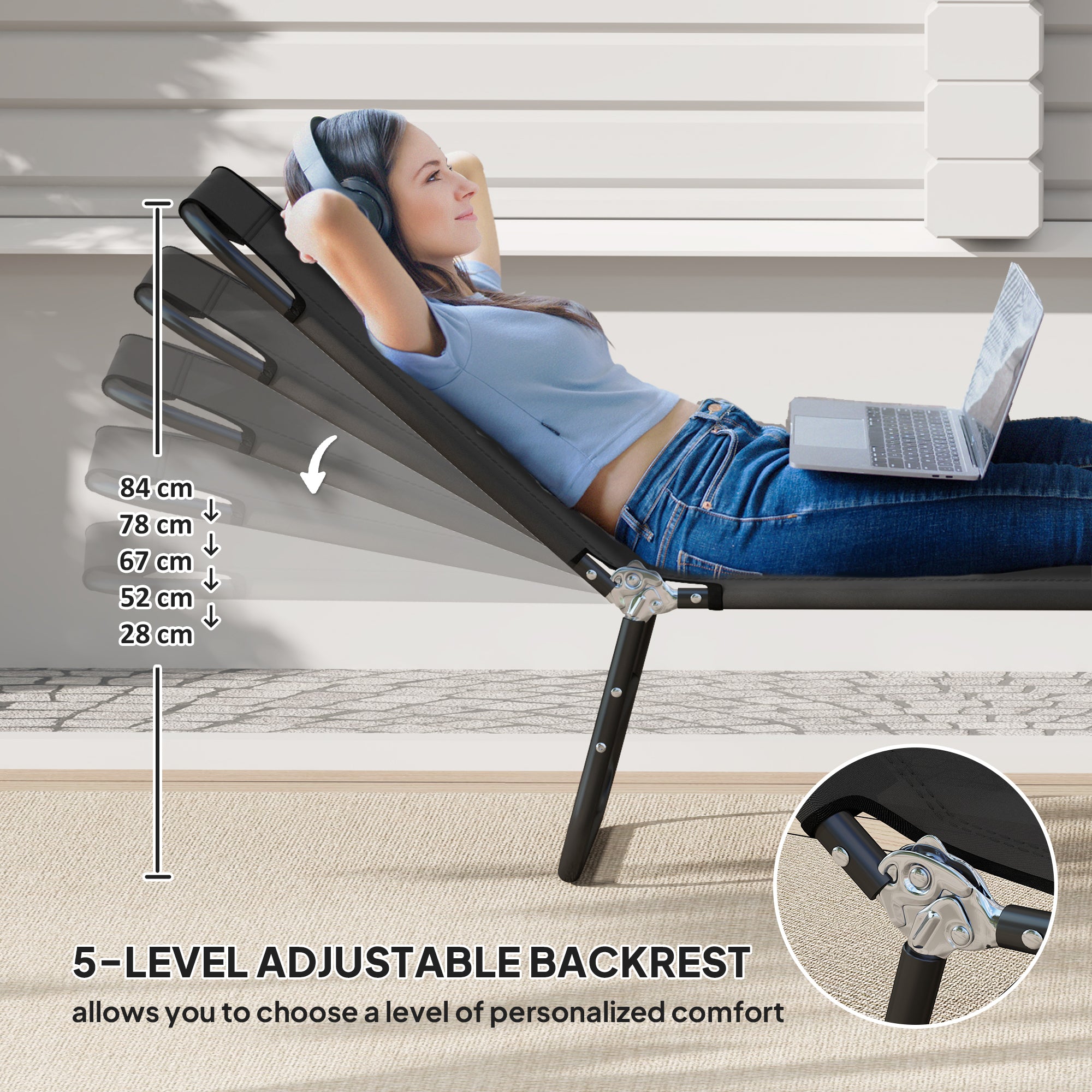 Outsunny Set of 2 Reclining Chaise Lounges, Adjustable Backrest, Black