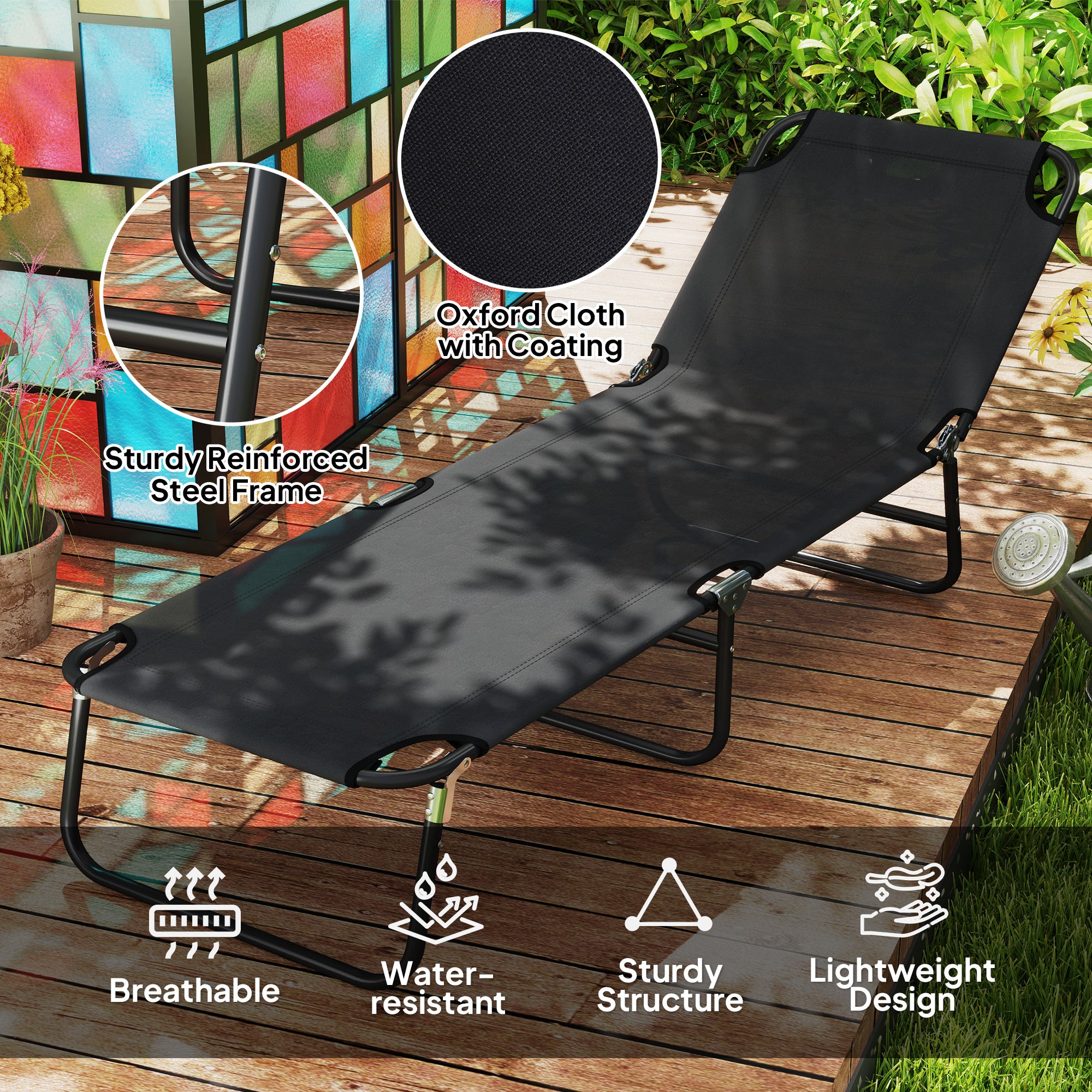 Outsunny Set of 2 Reclining Chaise Lounges, Adjustable Backrest, Black