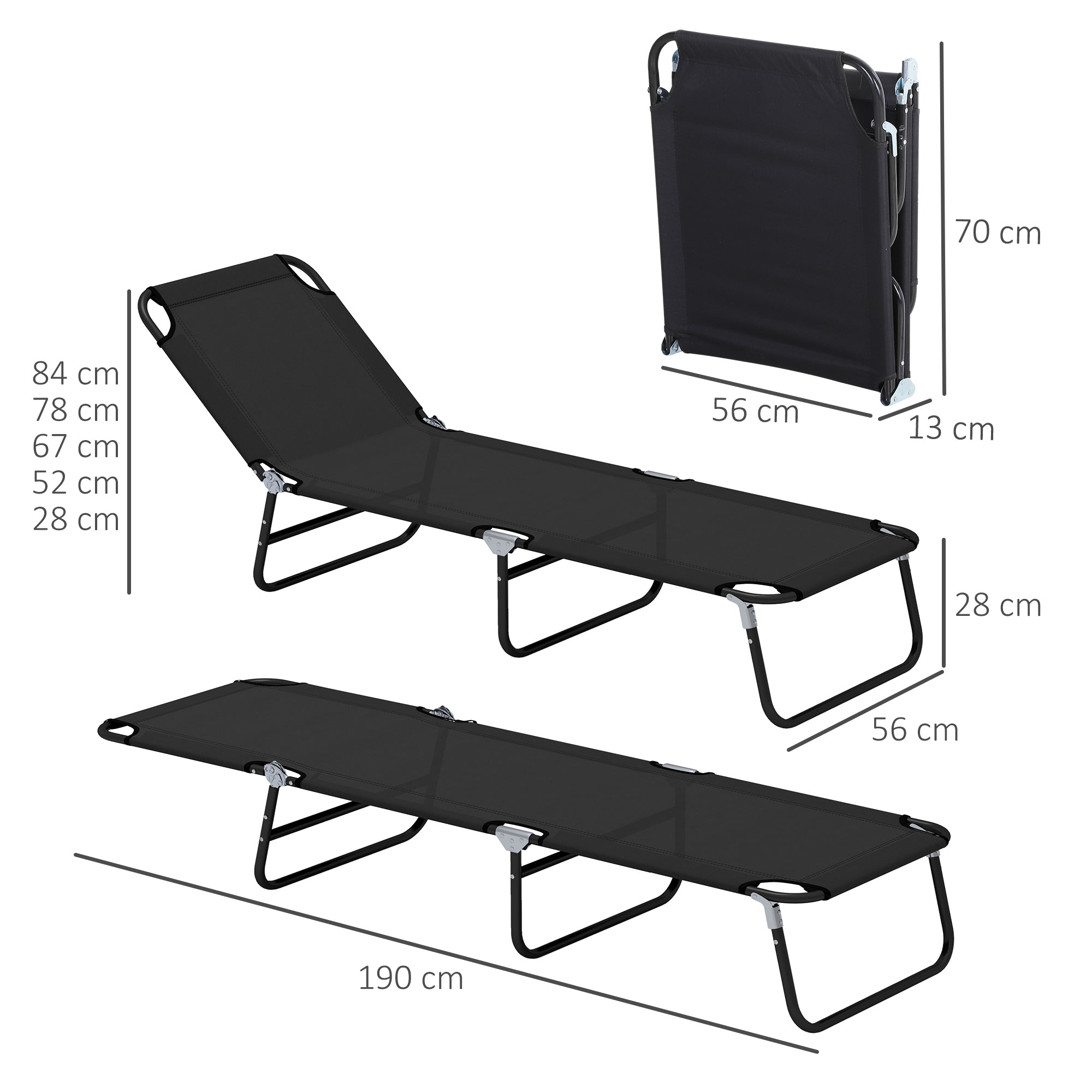 Outsunny Set of 2 Reclining Chaise Lounges, Adjustable Backrest, Black