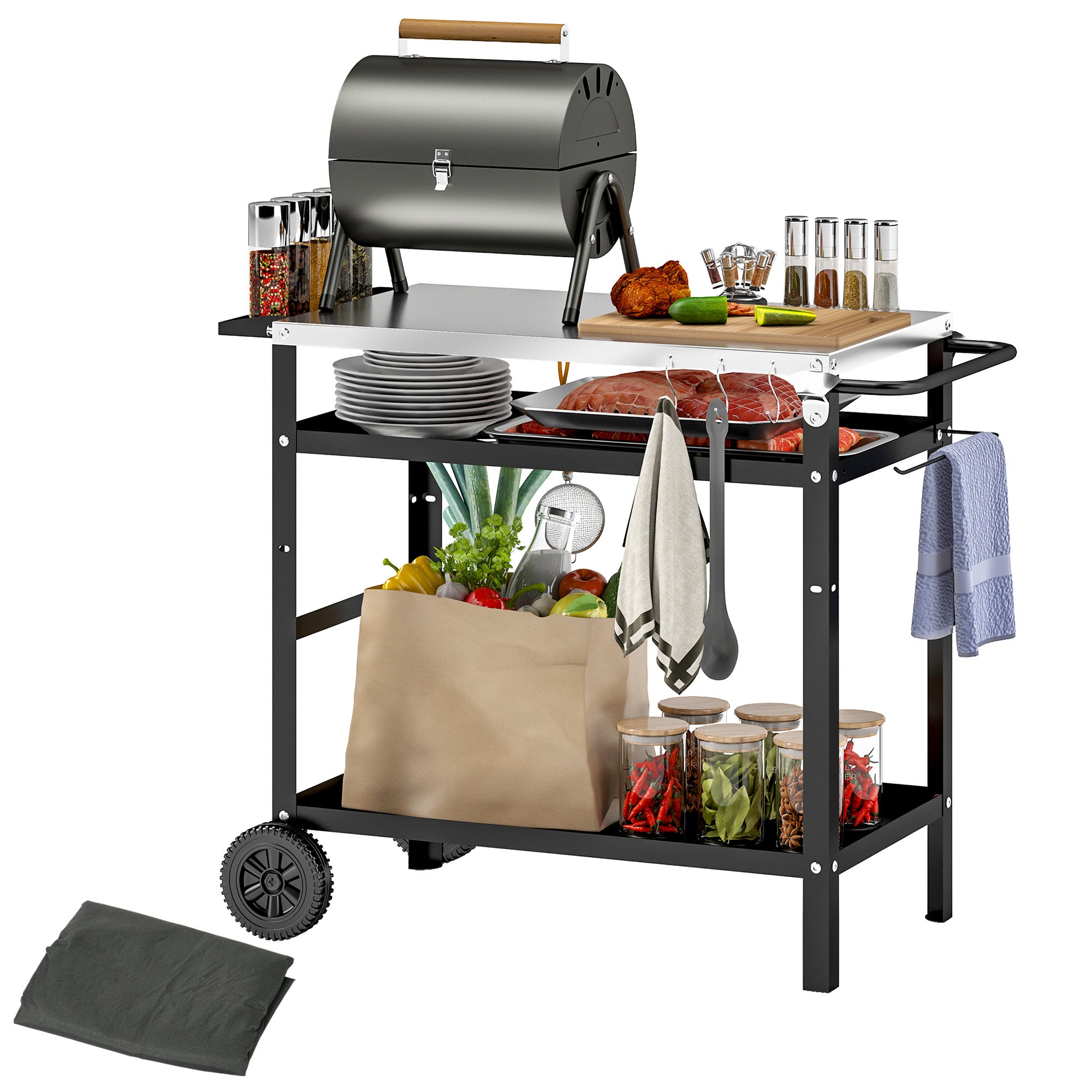 Outsunny BBQ Trolley with Stainless Steel Top, Wheels and Shelves