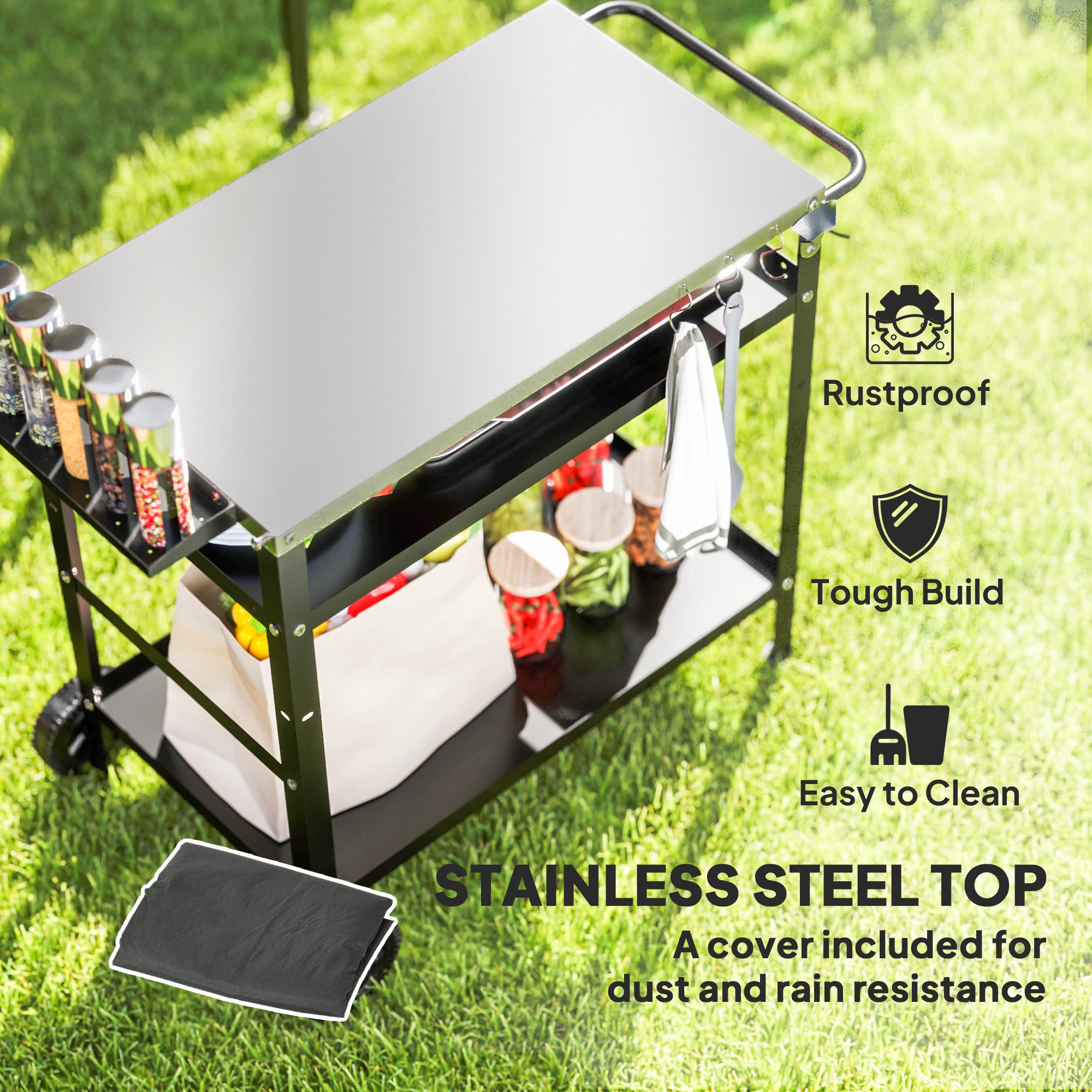Outsunny BBQ Trolley with Stainless Steel Top, Wheels and Shelves