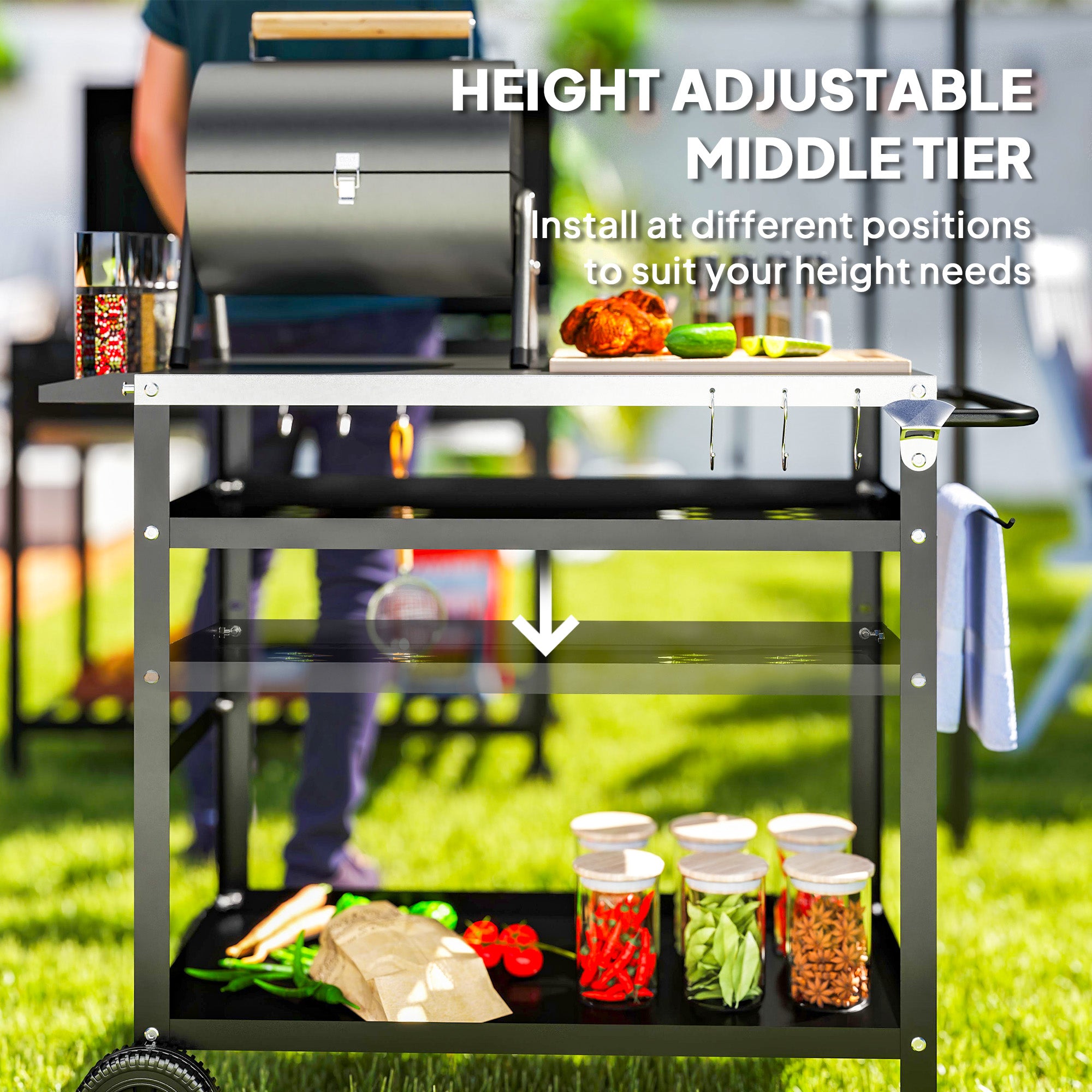Outsunny BBQ Trolley with Stainless Steel Top, Wheels and Shelves