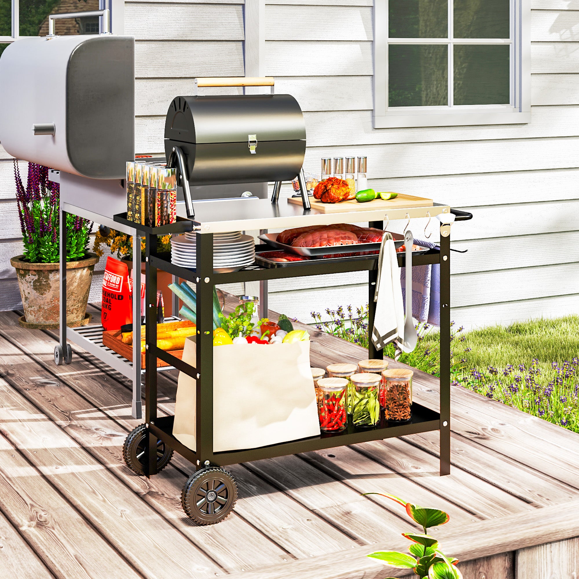 Outsunny BBQ Trolley with Stainless Steel Top, Wheels and Shelves