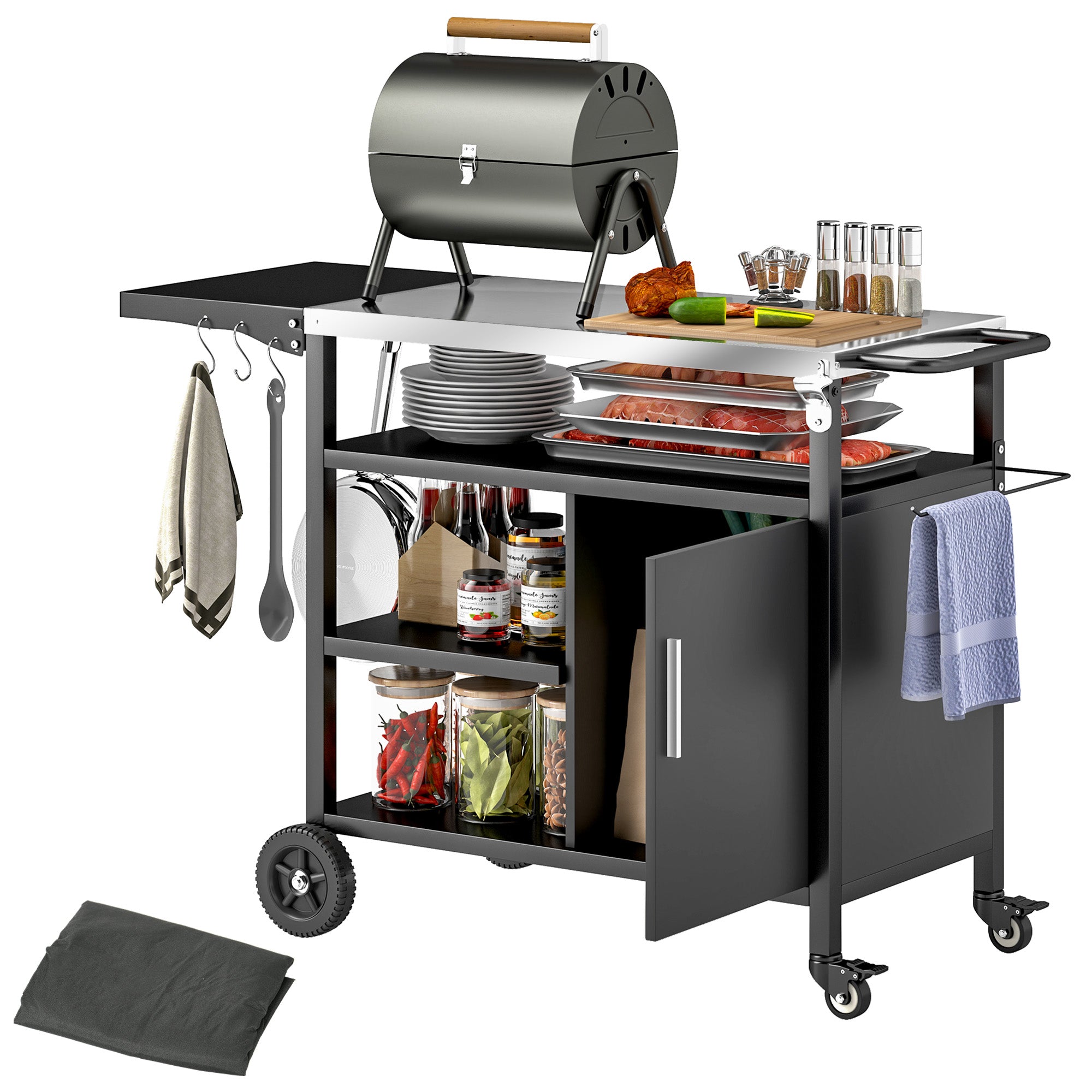Outsunny Stainless Steel BBQ Grill Trolley with Folding Side Table
