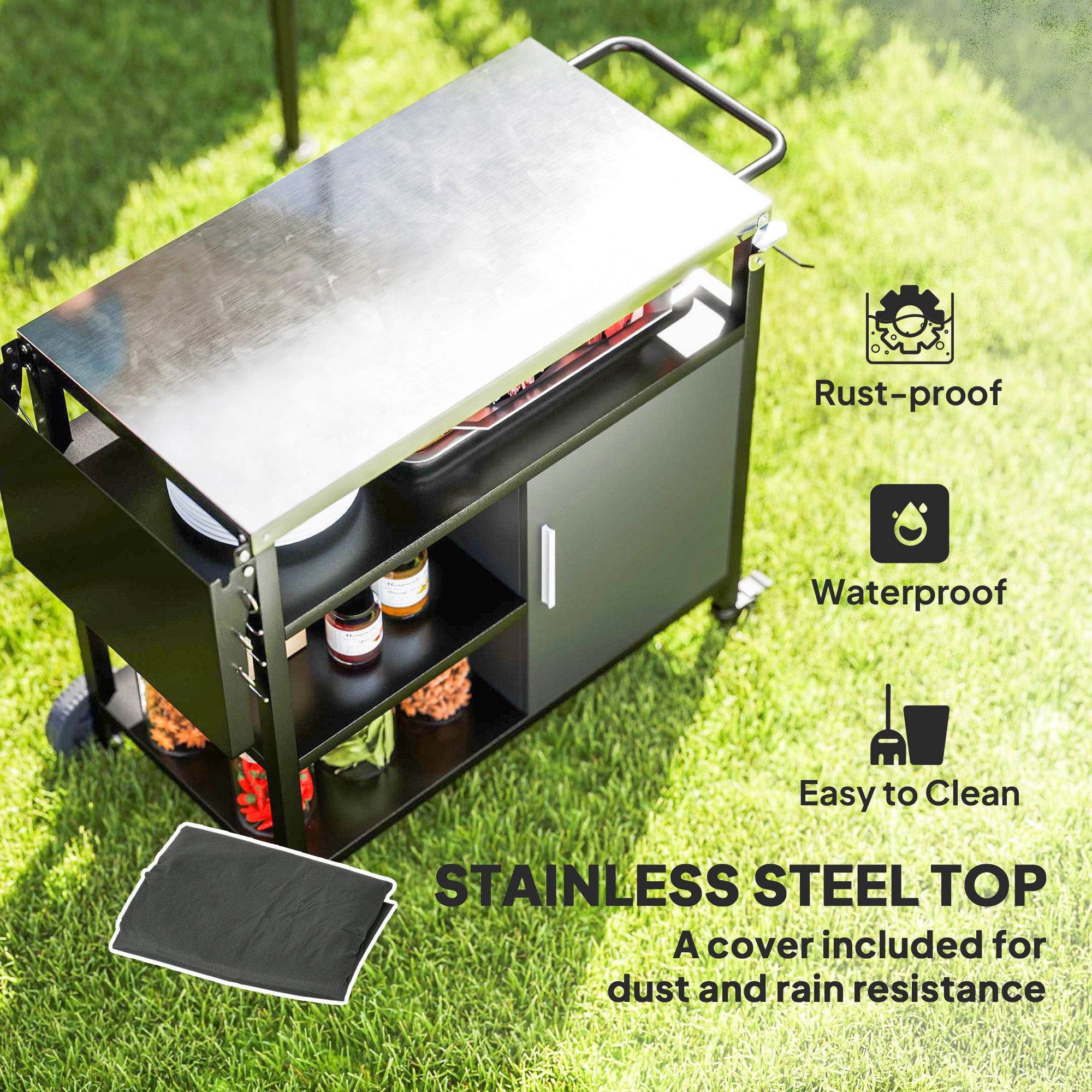 Outsunny Stainless Steel BBQ Grill Trolley with Folding Side Table