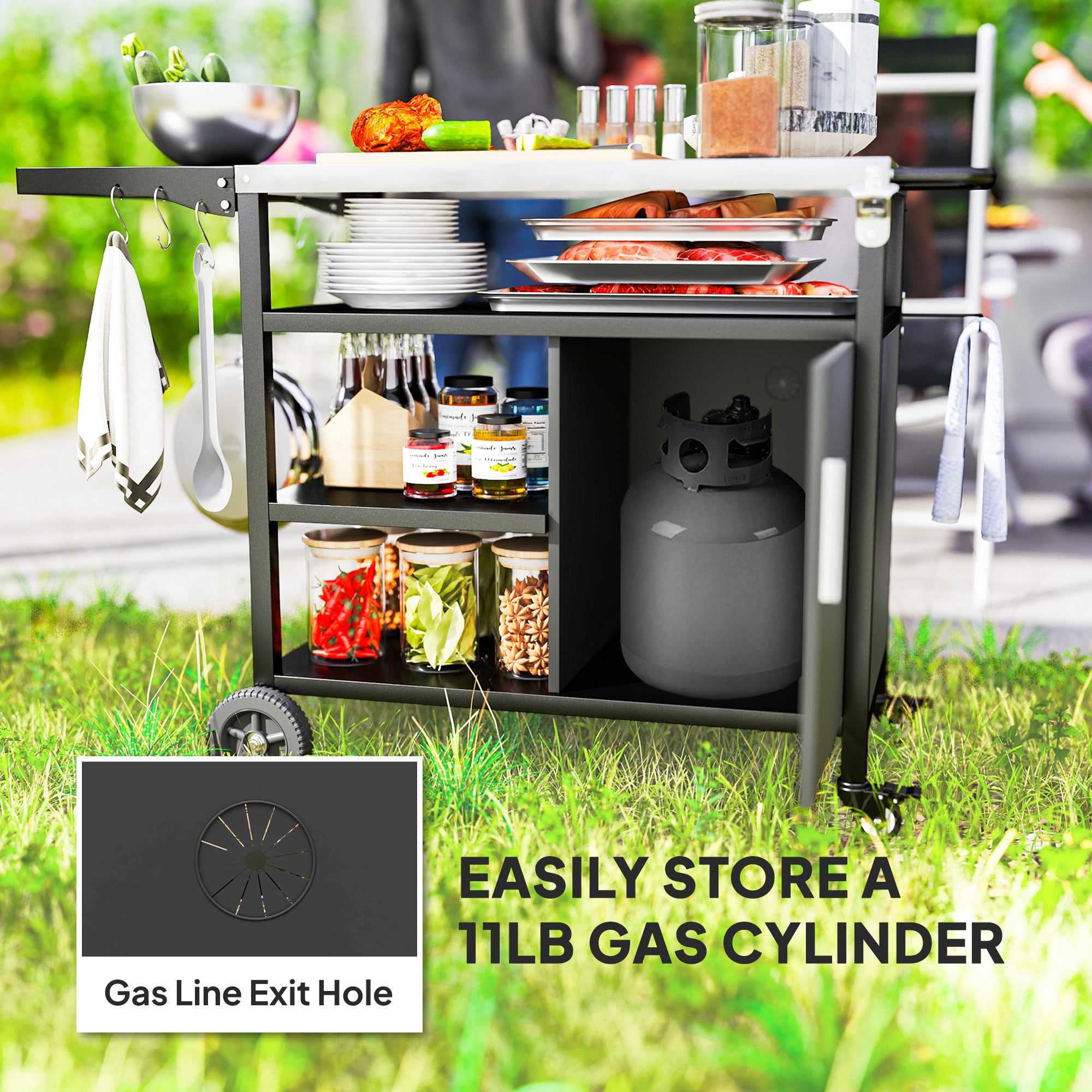 Outsunny Stainless Steel BBQ Grill Trolley with Folding Side Table